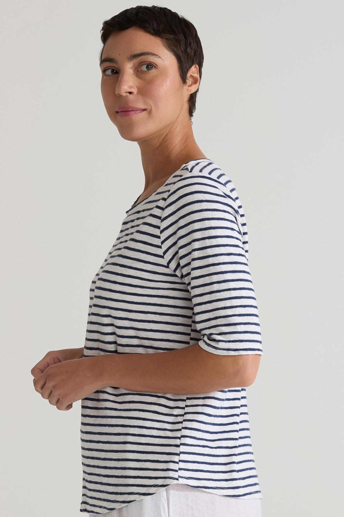 Cut Loose Navy Stripe Elbow Top-Harbor Red