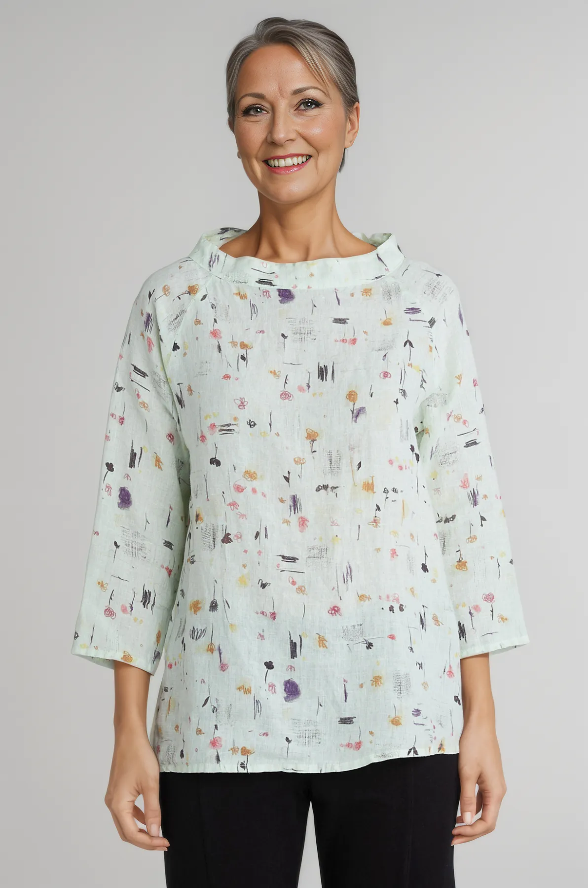 Cut Loose Linen Graffiti Stand Up Collar Long Top-White