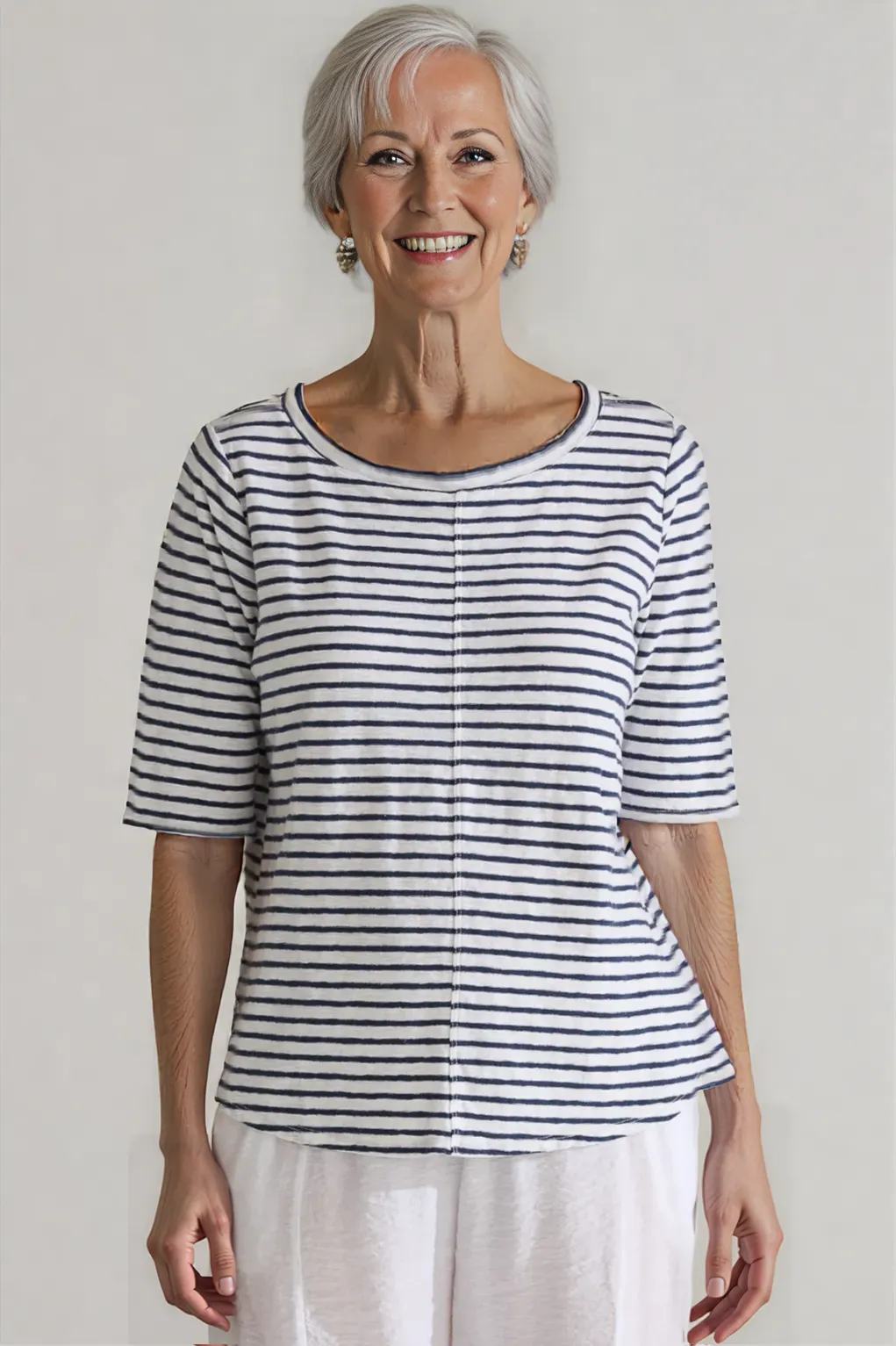 Cut Loose Navy Stripe Elbow Top-Harbor Red