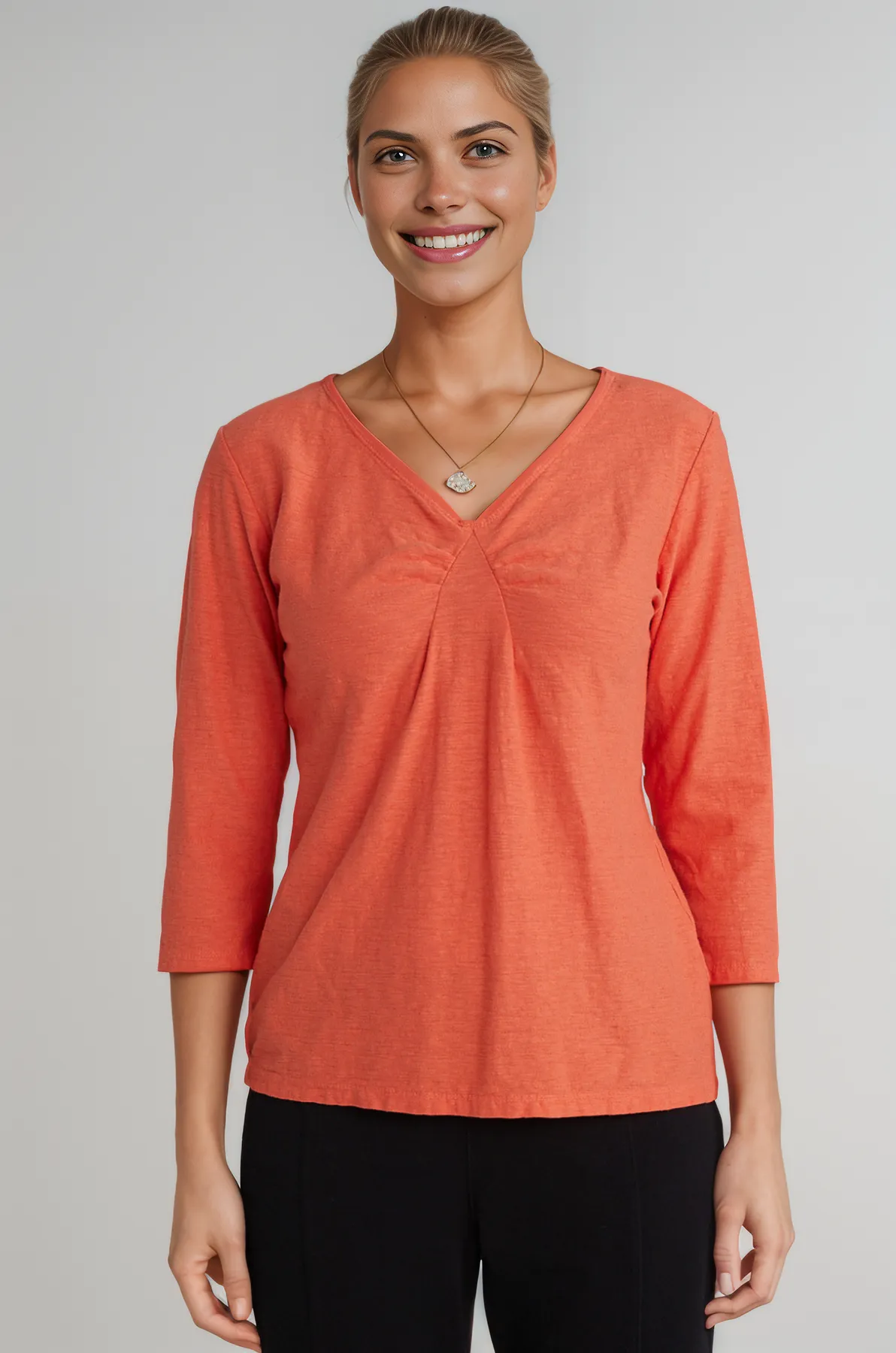 Cut Loose Linen Cotton Jersey 3/4 Sleeve Tuck Front Tee-Fountain