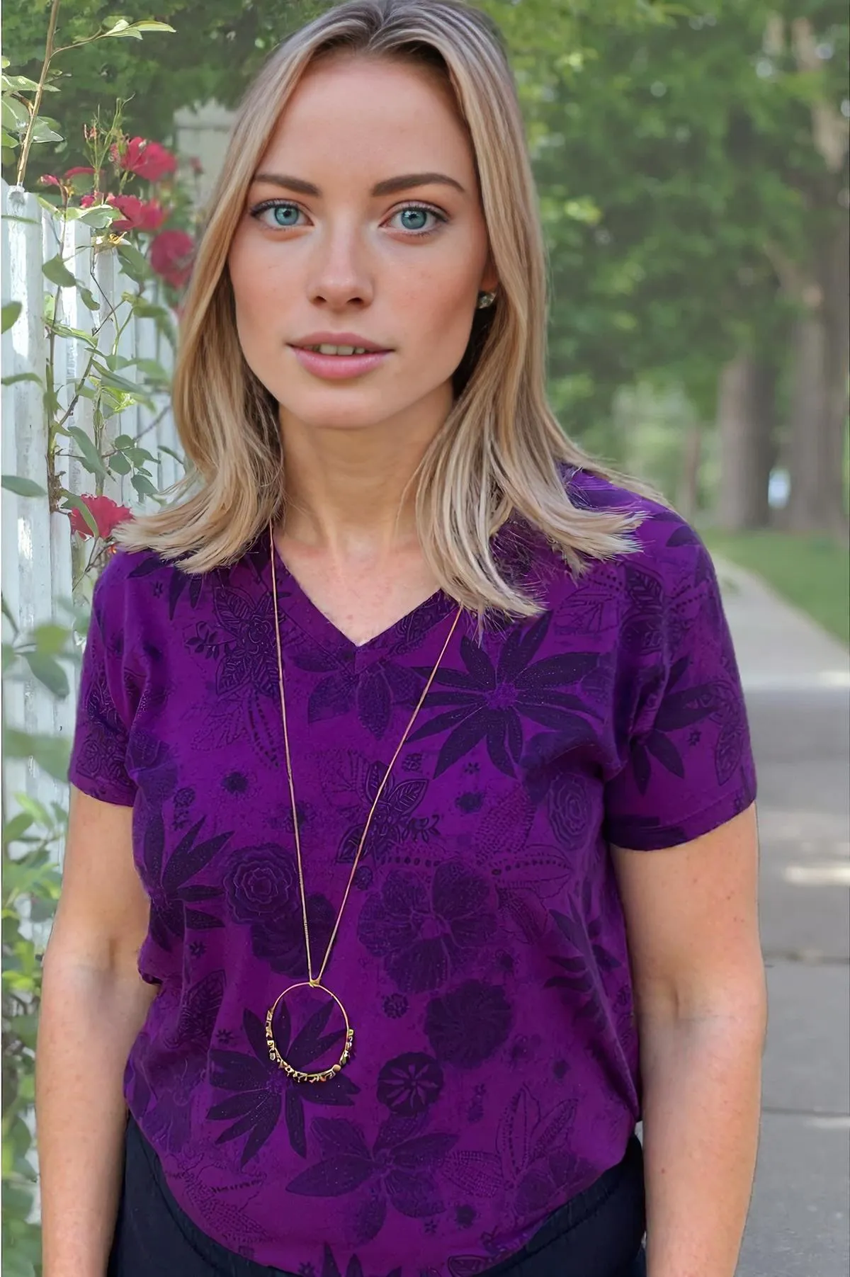 Prairie Cotton V-Neck Short Sleeve Relaxed Top-Indigo Floral