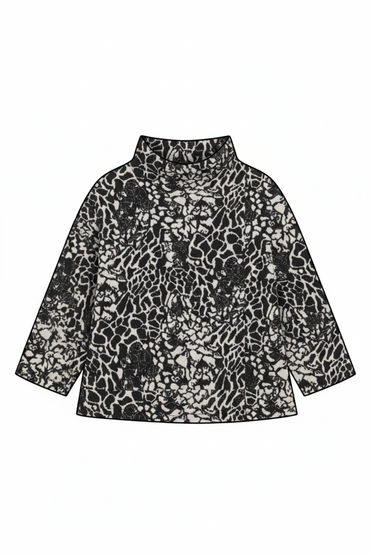 A black and white abstract patterned long-sleeve top shown on a gray sizing/overlay background.