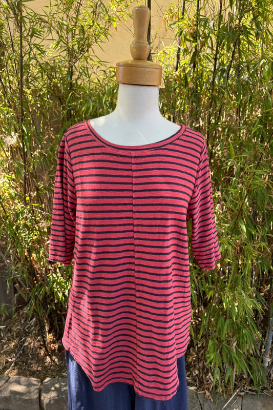 Cut Loose Navy Stripe Elbow Top-Harbor Red