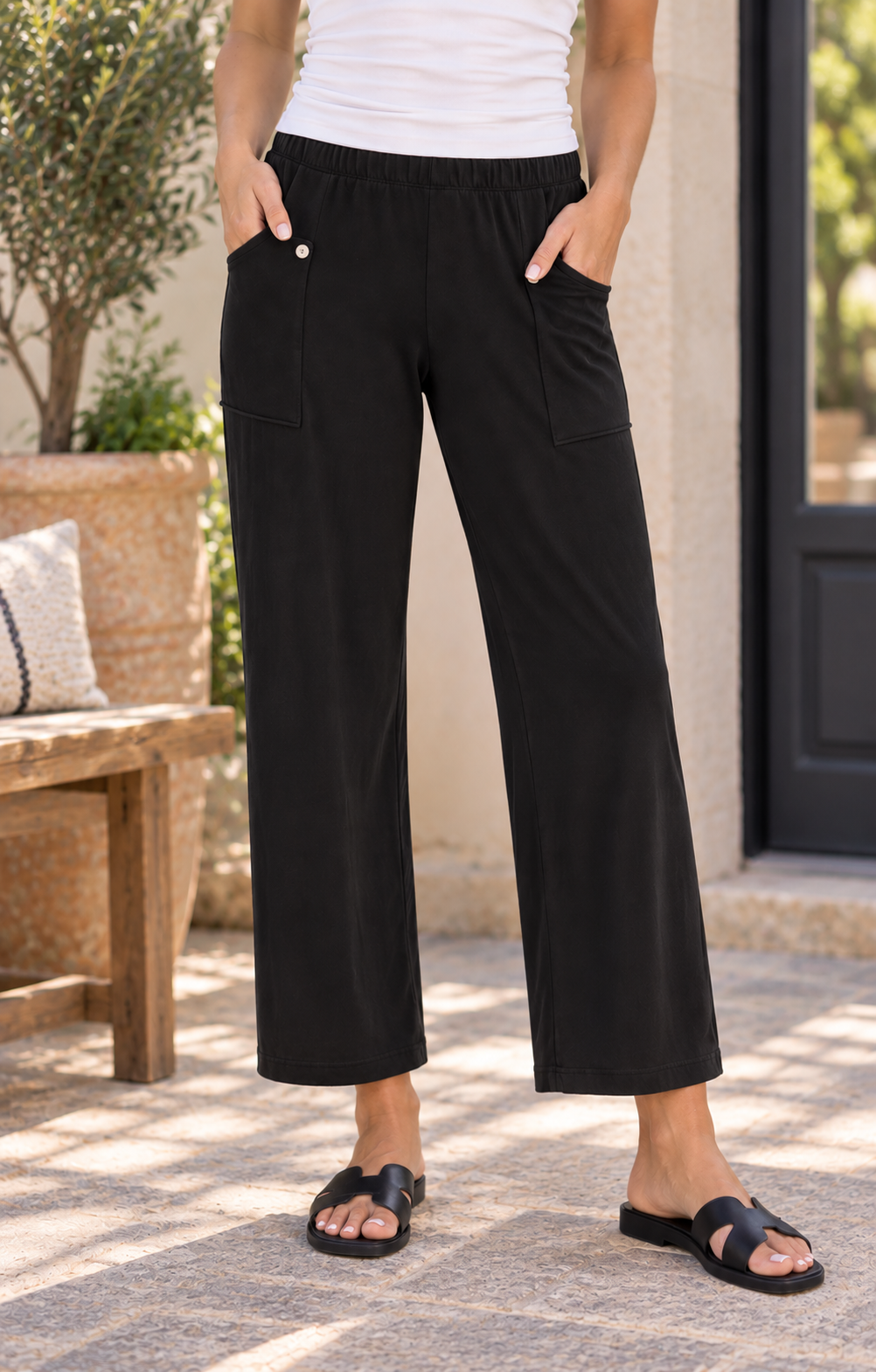 Jess & Jane Garment Dyed Cotton Spandex Terry Pants-Jet Black