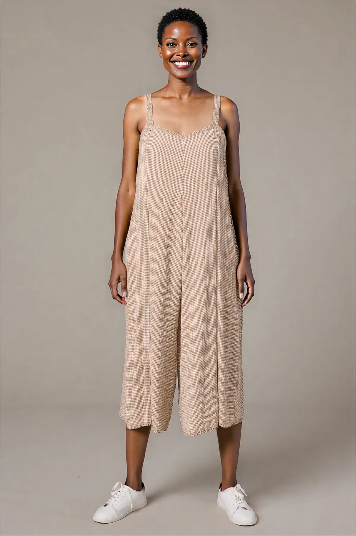 Cut Loose Crinkle Check Crop Jumpsuit