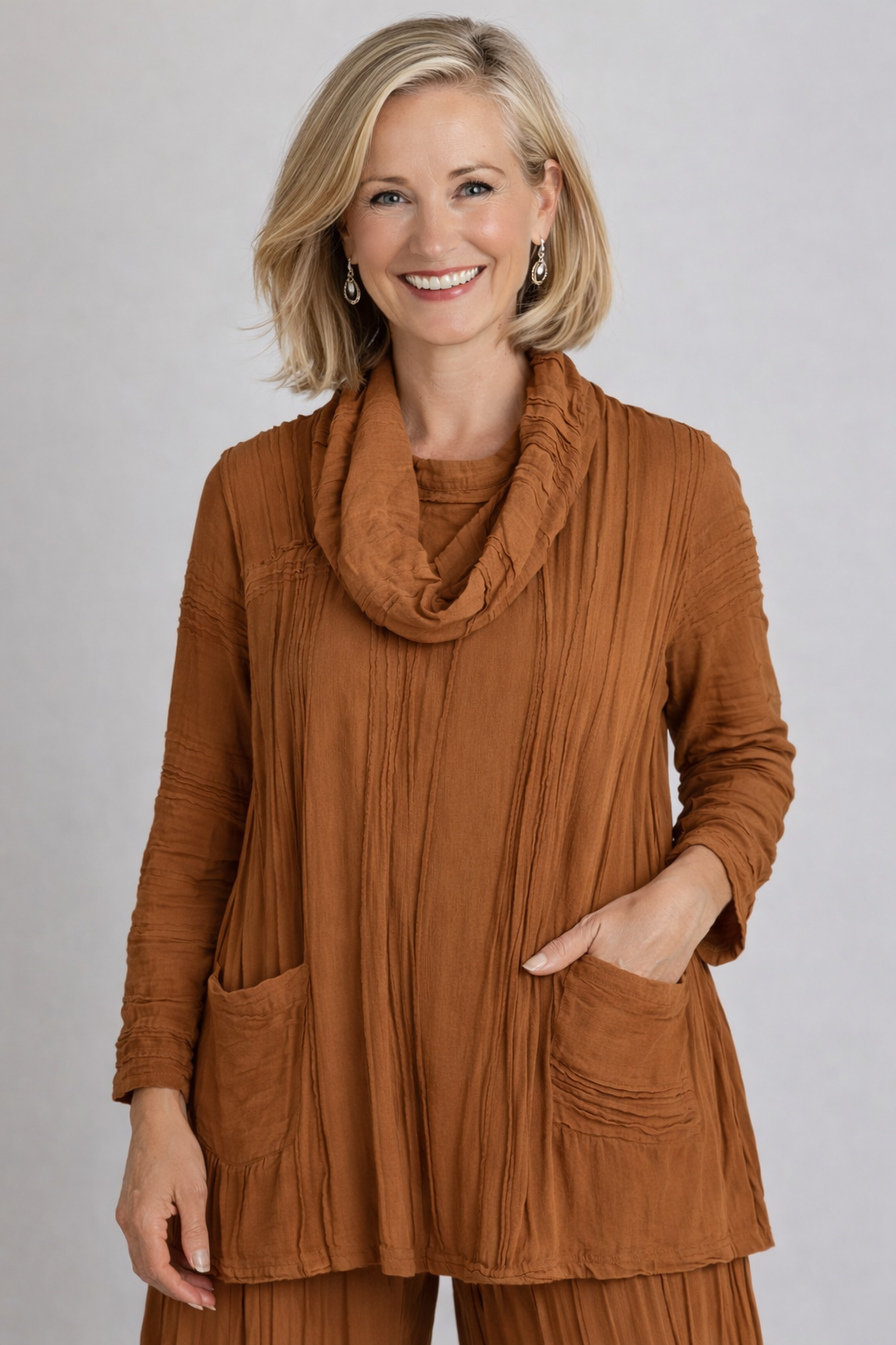 Windhorse Stitched Cowl Neck Tunic- Camel