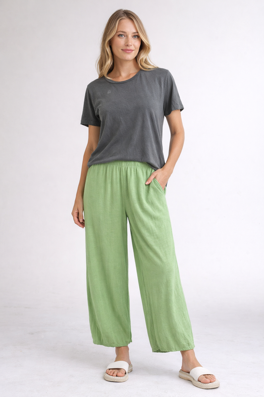 Cut Loose Fall Linen Cotton Jersey Cropped Pant w/Darts-Verde Green