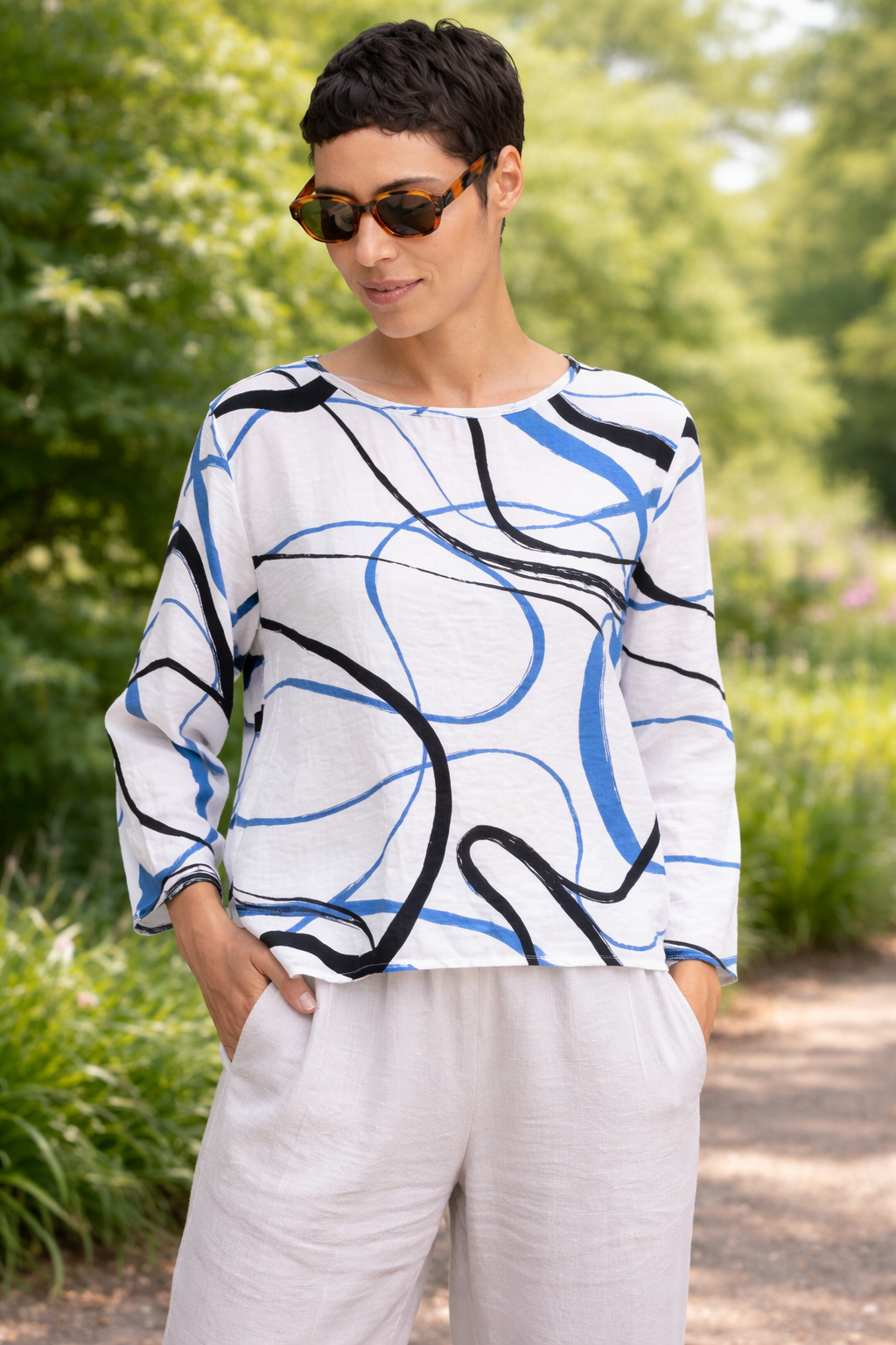 Cut Loose Rayon Parachute Black/Blue Swirl 3/4 Split Back Top Summer 2026- Special Order - thread to cloth