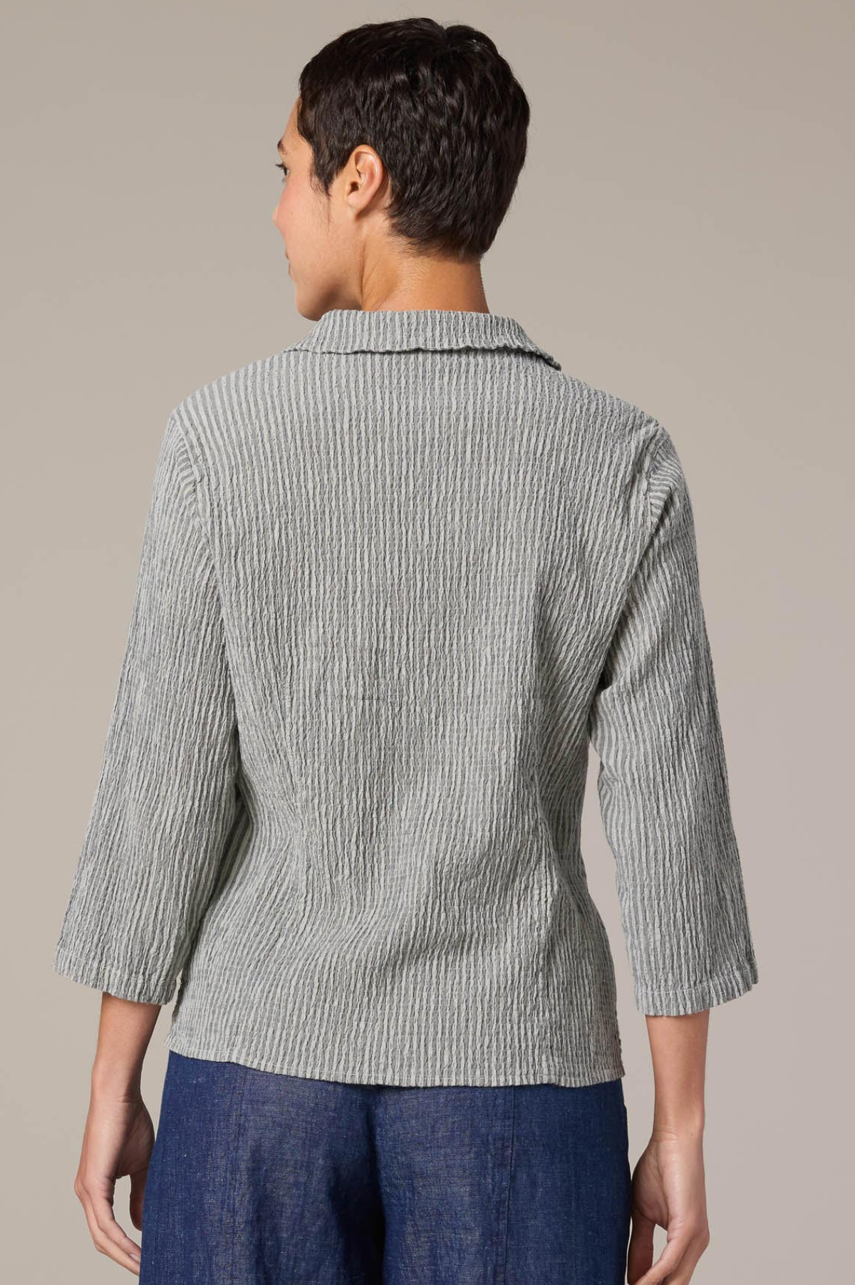 Linen Grey Stripe Crinkle 3/4 Sleeve Shirt by Cut Loose 