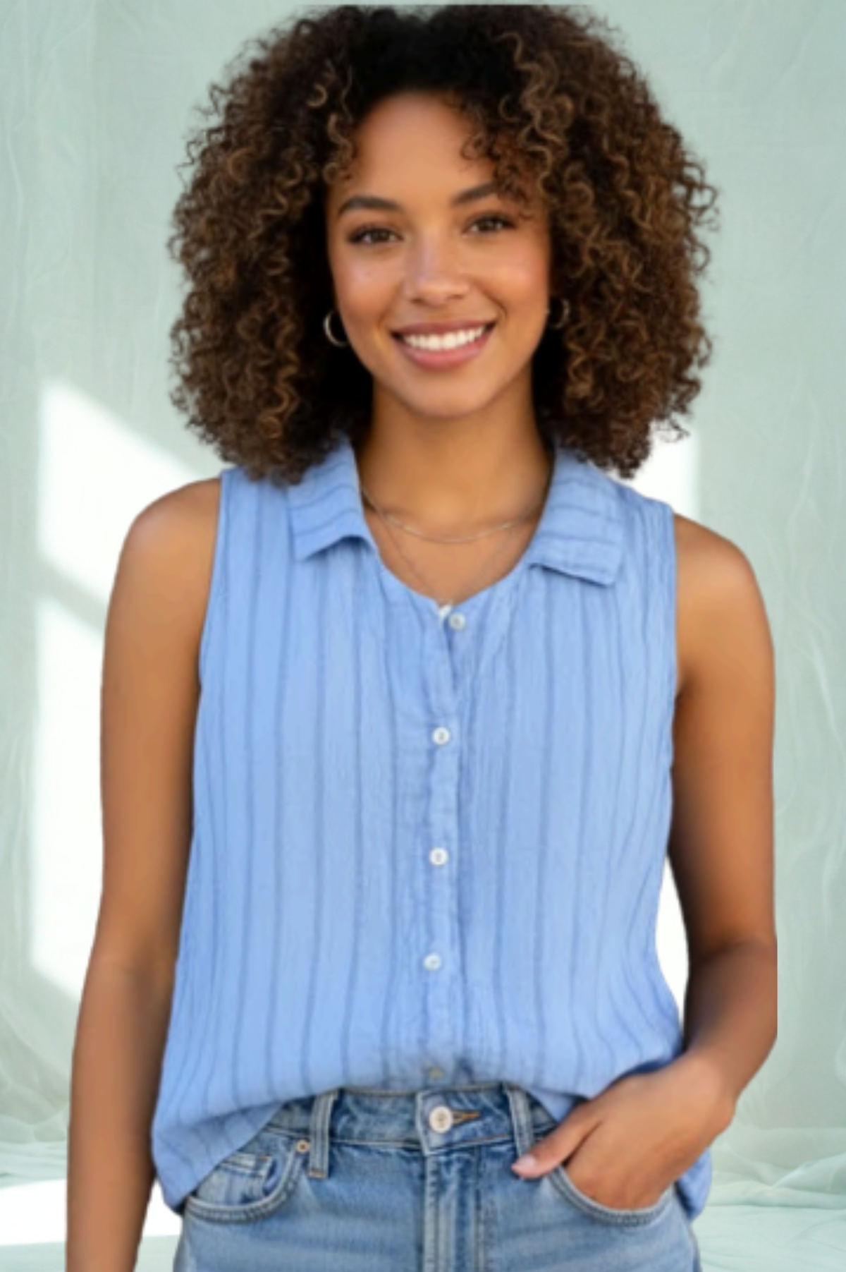 Cut Loose Blue Linen Stripe Sleeveless Shirt Summer 