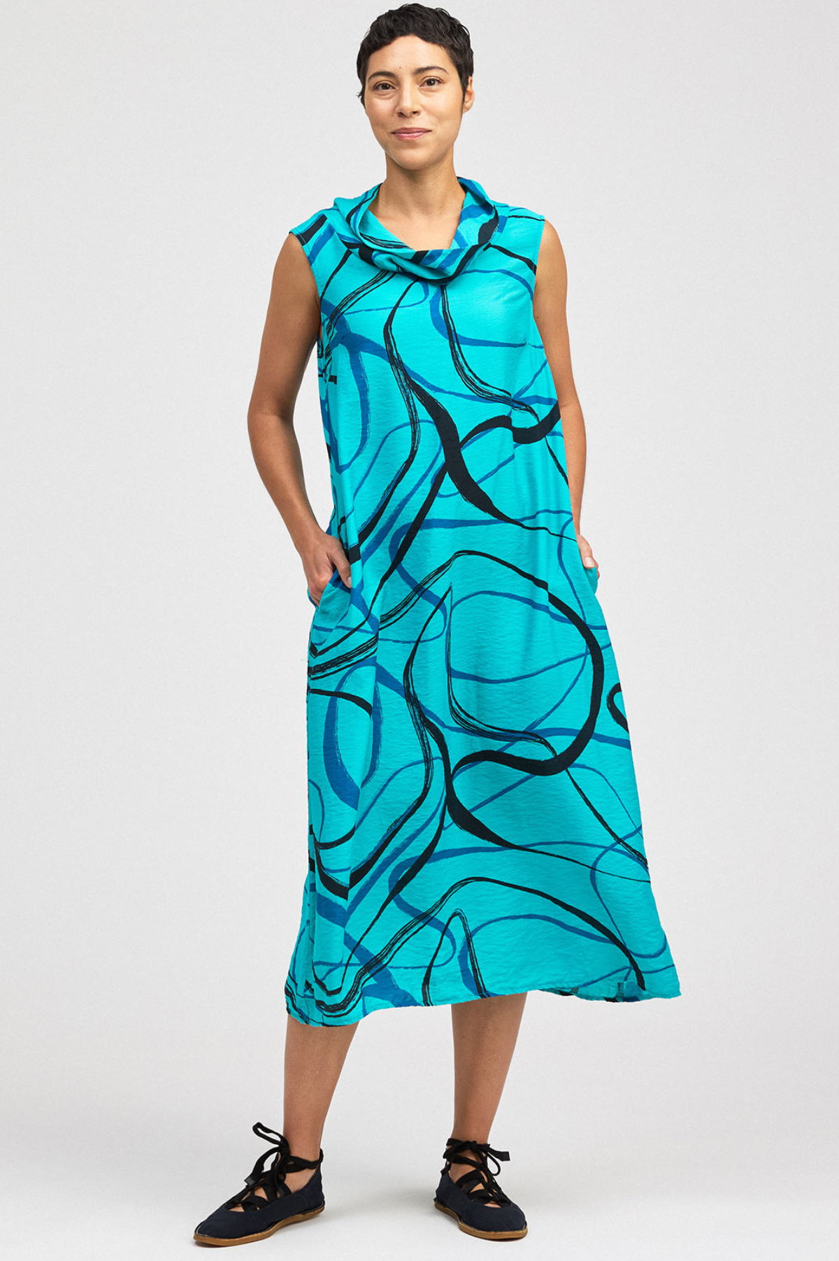 Cut Loose Rayon Parachute Black/Blue Swirl Cowl Neck Maxi Dress Summer 2026- Special Order