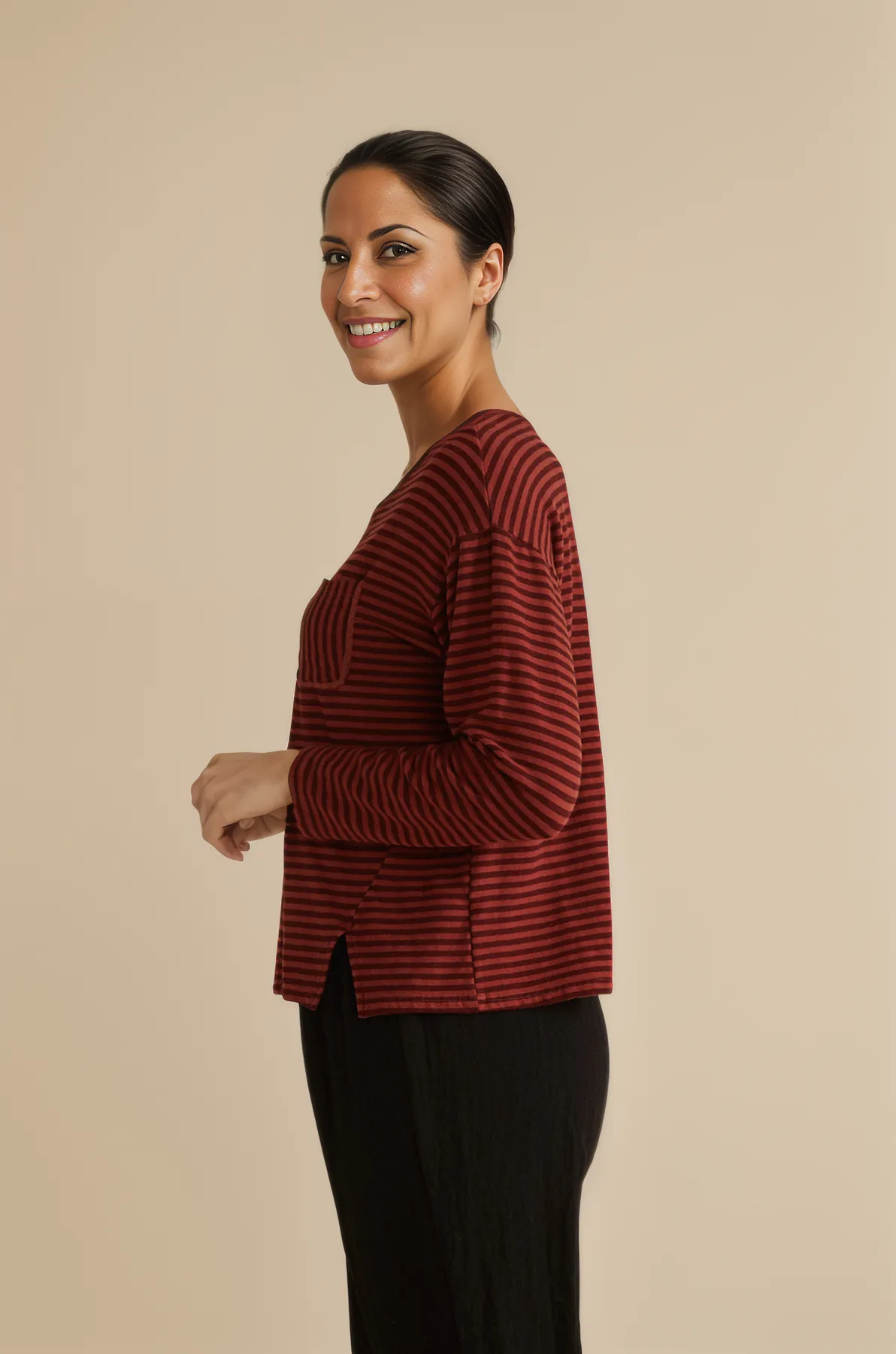 Cut Loose Grey Stripe Fleece Cropped Pocket Sweatshirt -Cognac