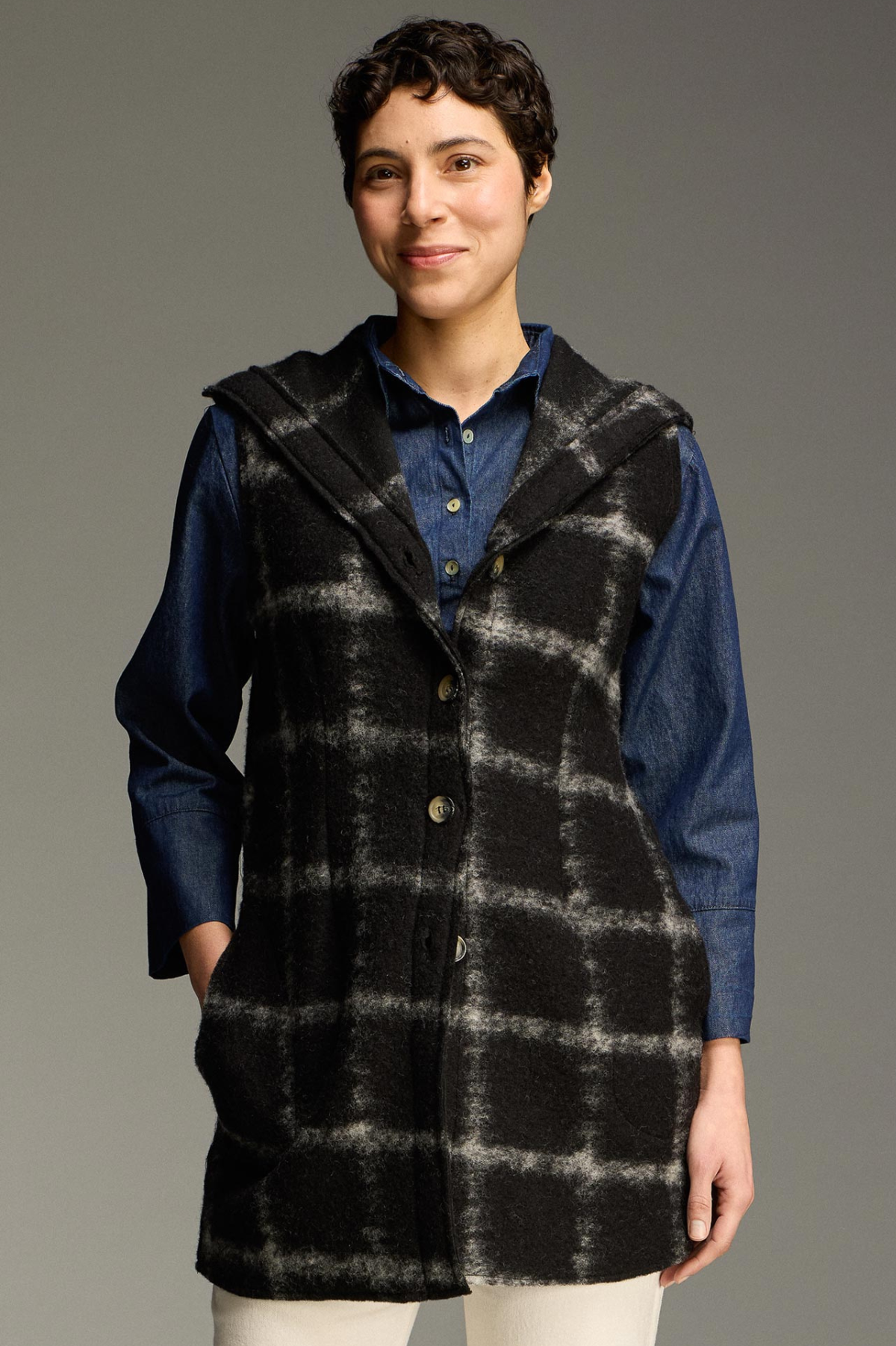 Cut Loose Plaid Boiled Wool Hooded Vest 2026- Special Order