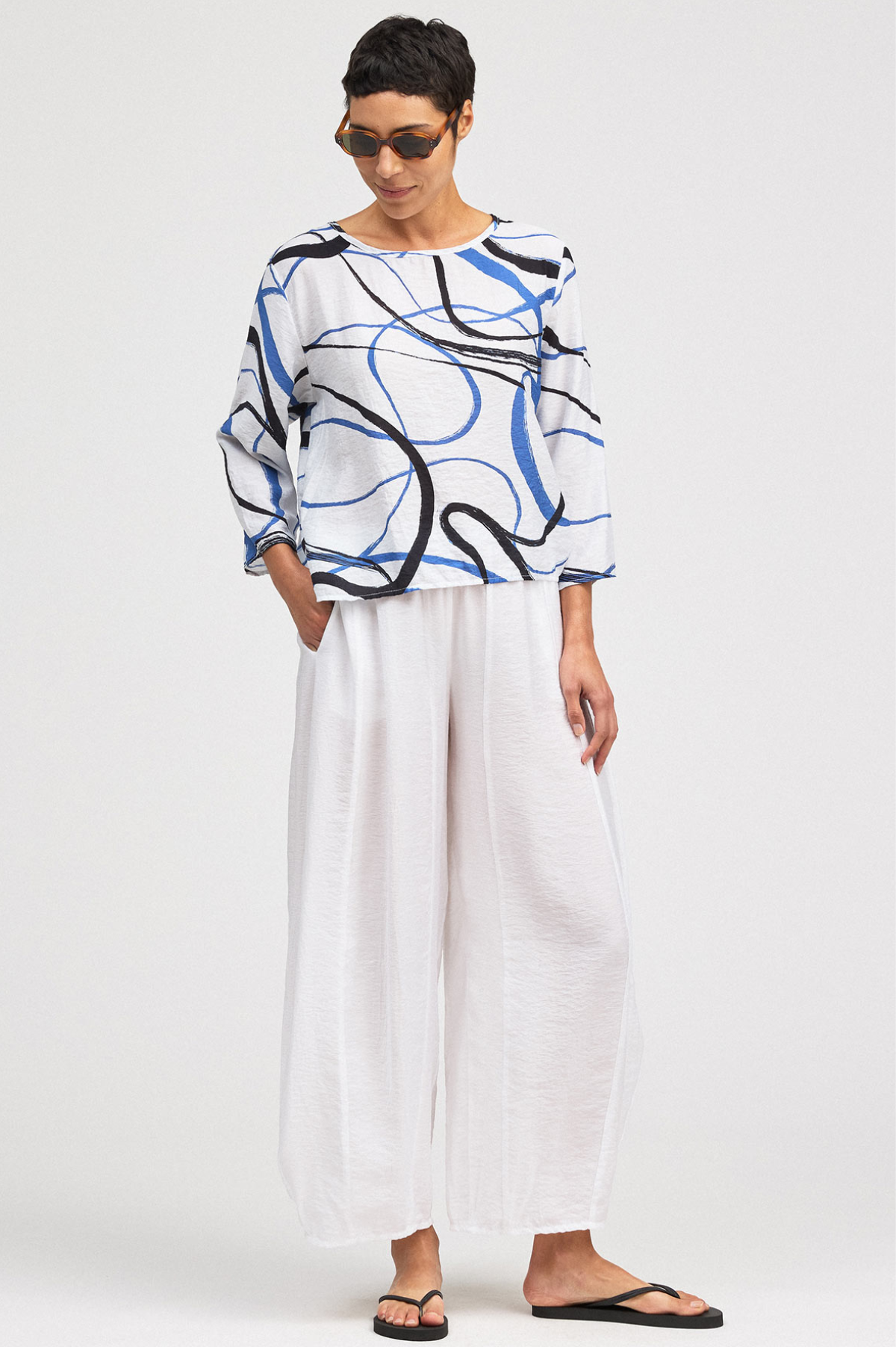 Cut Loose Rayon Parachute Black/Blue Swirl 3/4 Split Back Top Summer 2026- Special Order