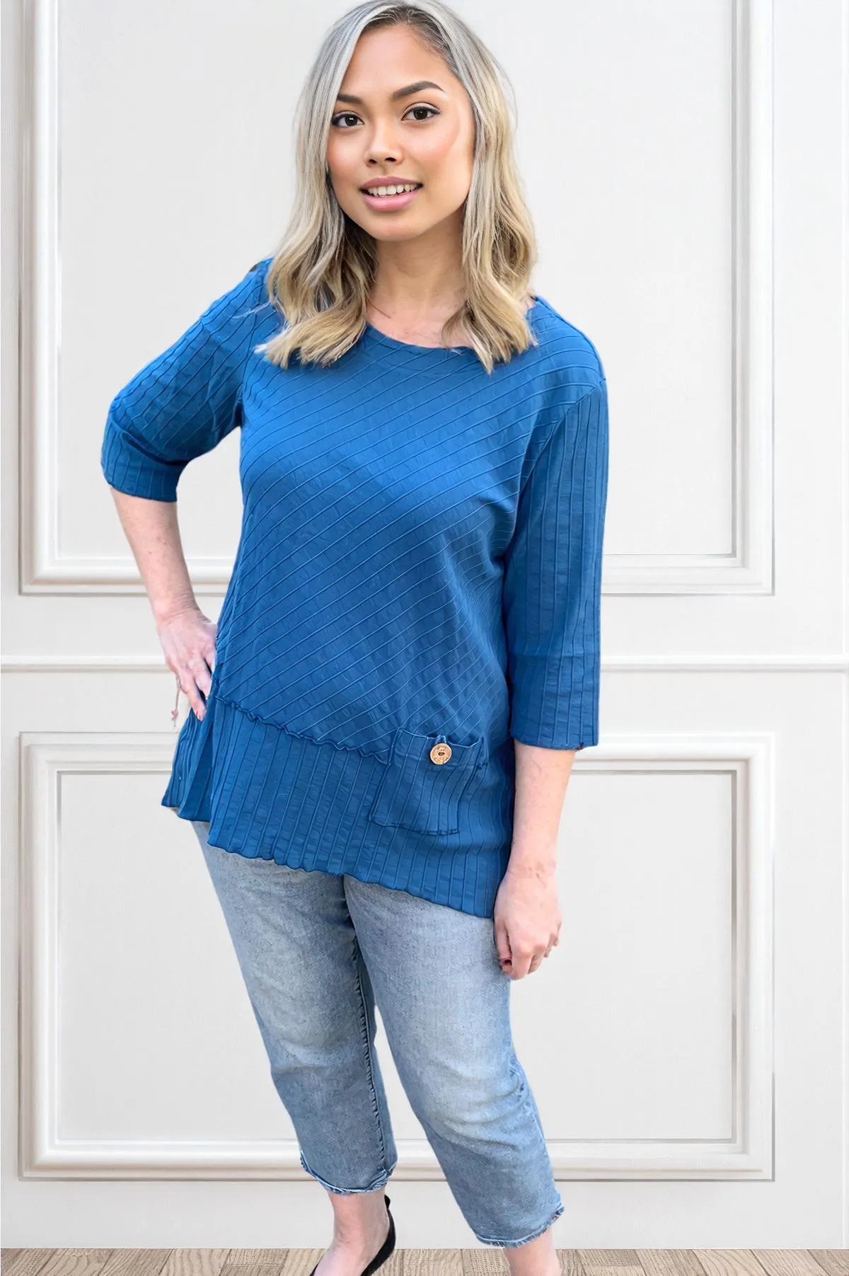 Focus Fashions Ribbed Cotton Pocket Tunic-Capri Blue