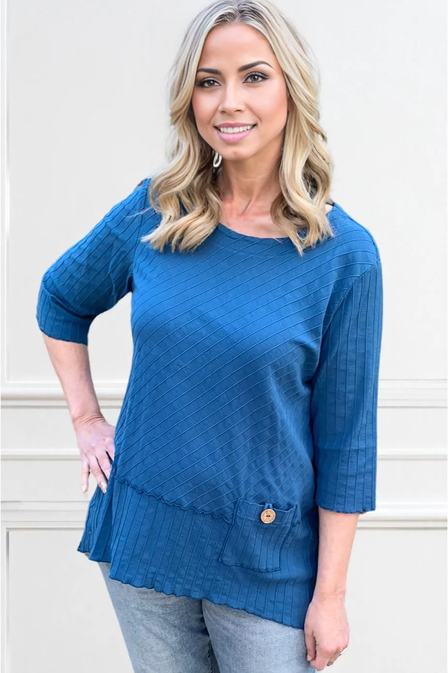 Focus Fashions Ribbed Cotton Pocket Tunic-Capri Blue