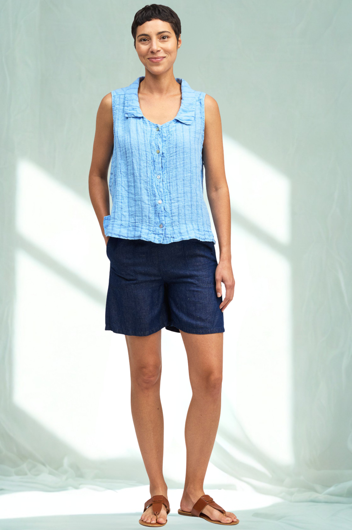 Cut Loose Blue Linen Stripe Sleeveless Shirt 