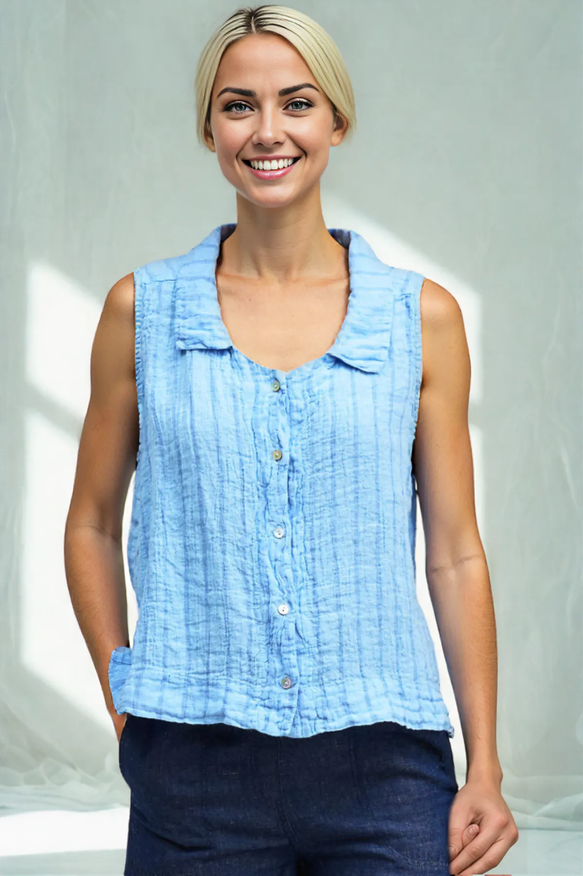 Cut Loose Blue Linen Stripe Sleeveless Shirt Summer 2026- Special Order