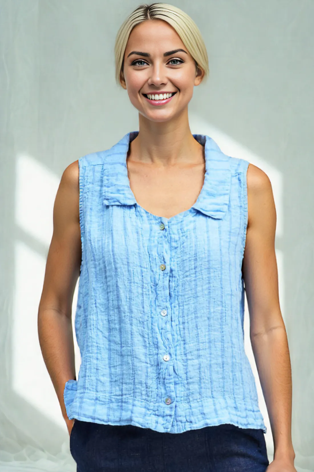 Cut Loose Blue Linen Stripe Sleeveless Shirt Summer 2026- Special Order