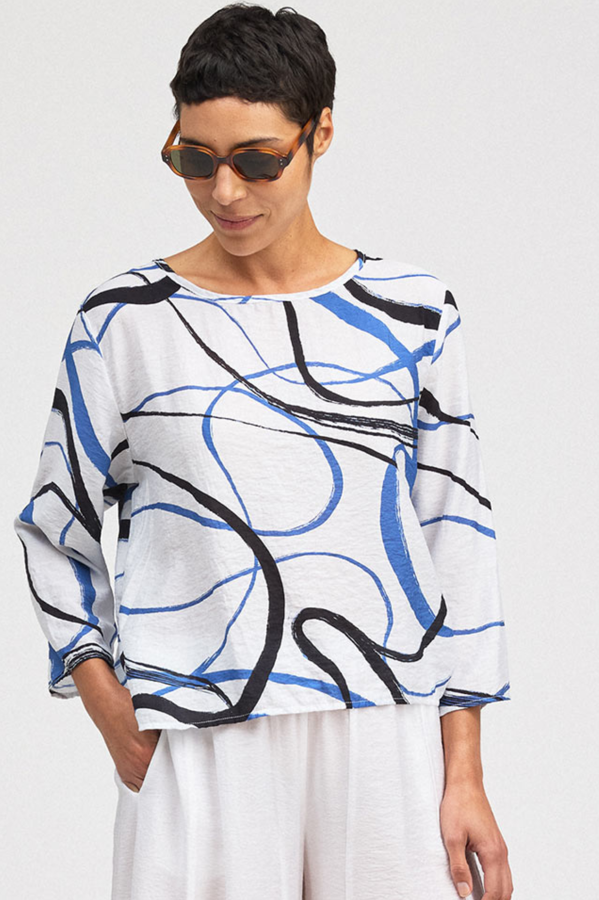 Cut Loose Rayon Parachute Black/Blue Swirl 3/4 Split Back Top Summer 2026- Special Order