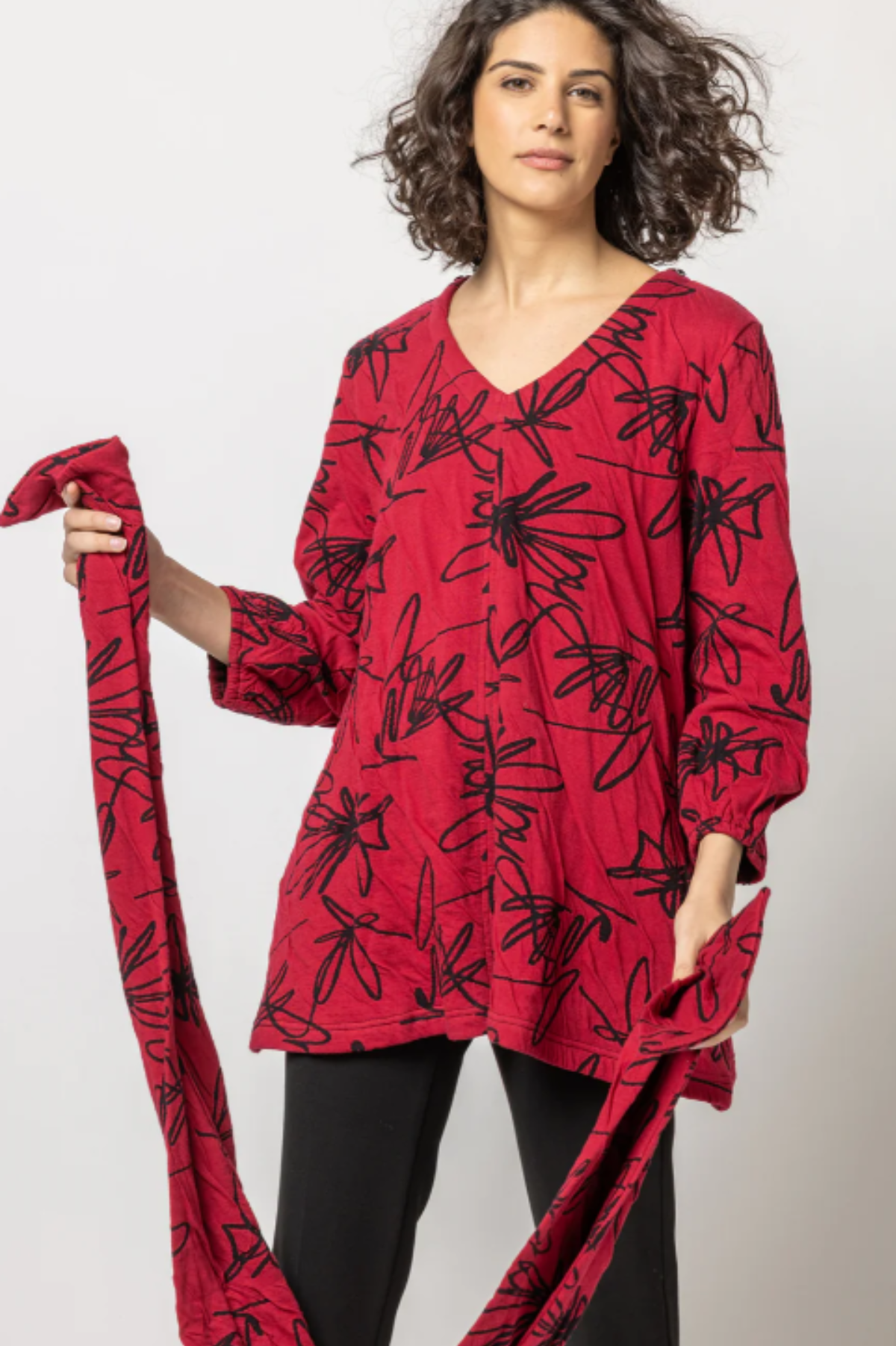 Komil Scribble Weave Tunic w/ Scarf- Cherry