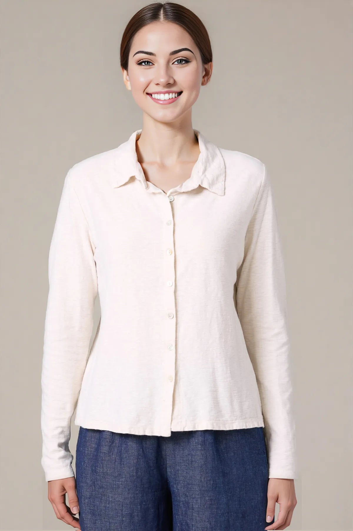 Cut Loose Linen Cotton Jersey Sleeve Fitted Shirt