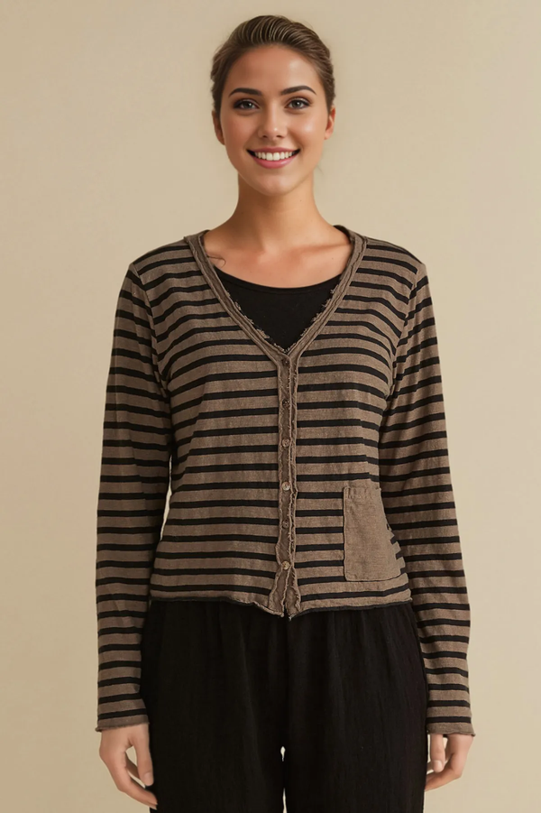 Cut Loose Linen Cotton Jersey Black/Natural Stripe Cropped Pocket Cardigan Fall 2024- Special Order