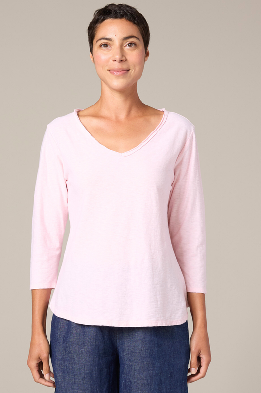 Cut Loose Linen Cotton Jersey 3/4 Sleeve V-Neck Top Spring