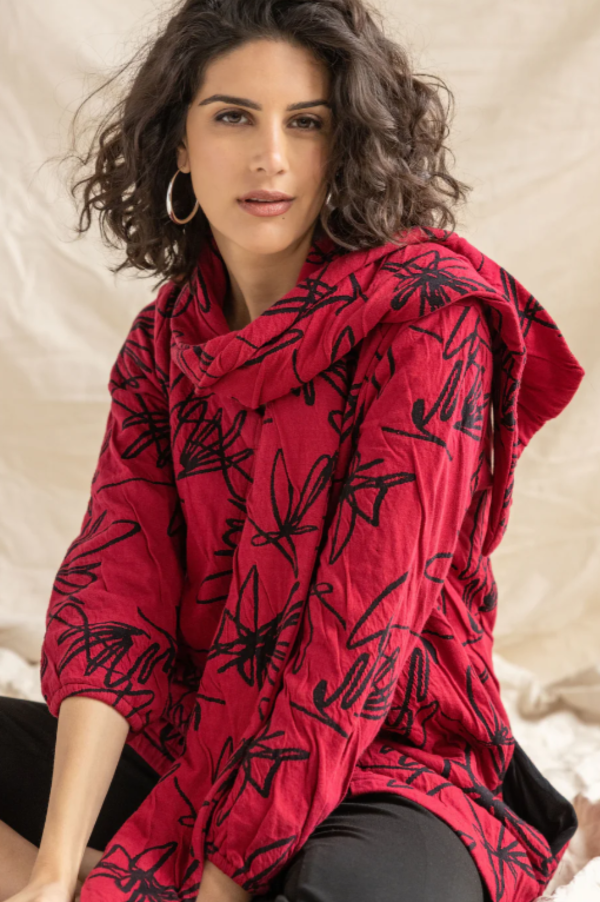 Komil Scribble Weave Tunic w/ Scarf- Cherry