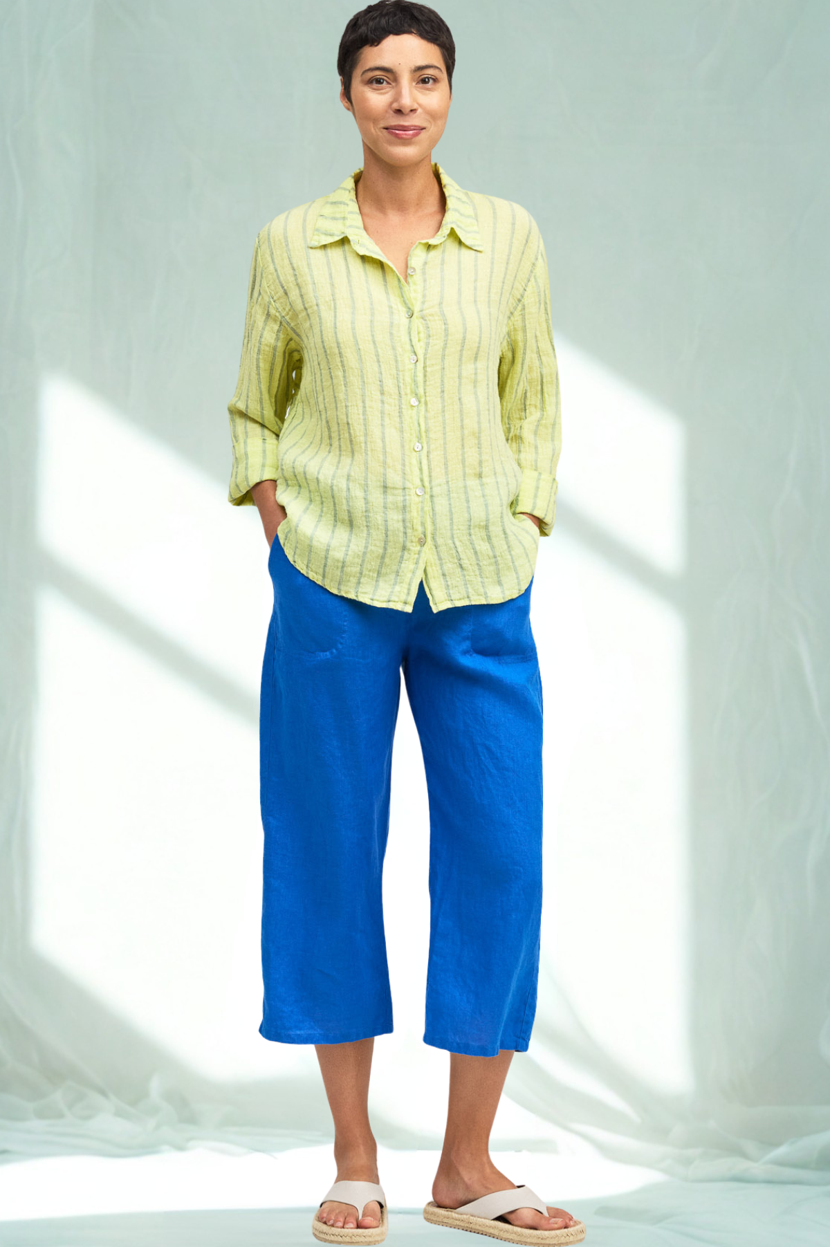 Cut Loose Blue Linen Stripe Crop Easy Shirt