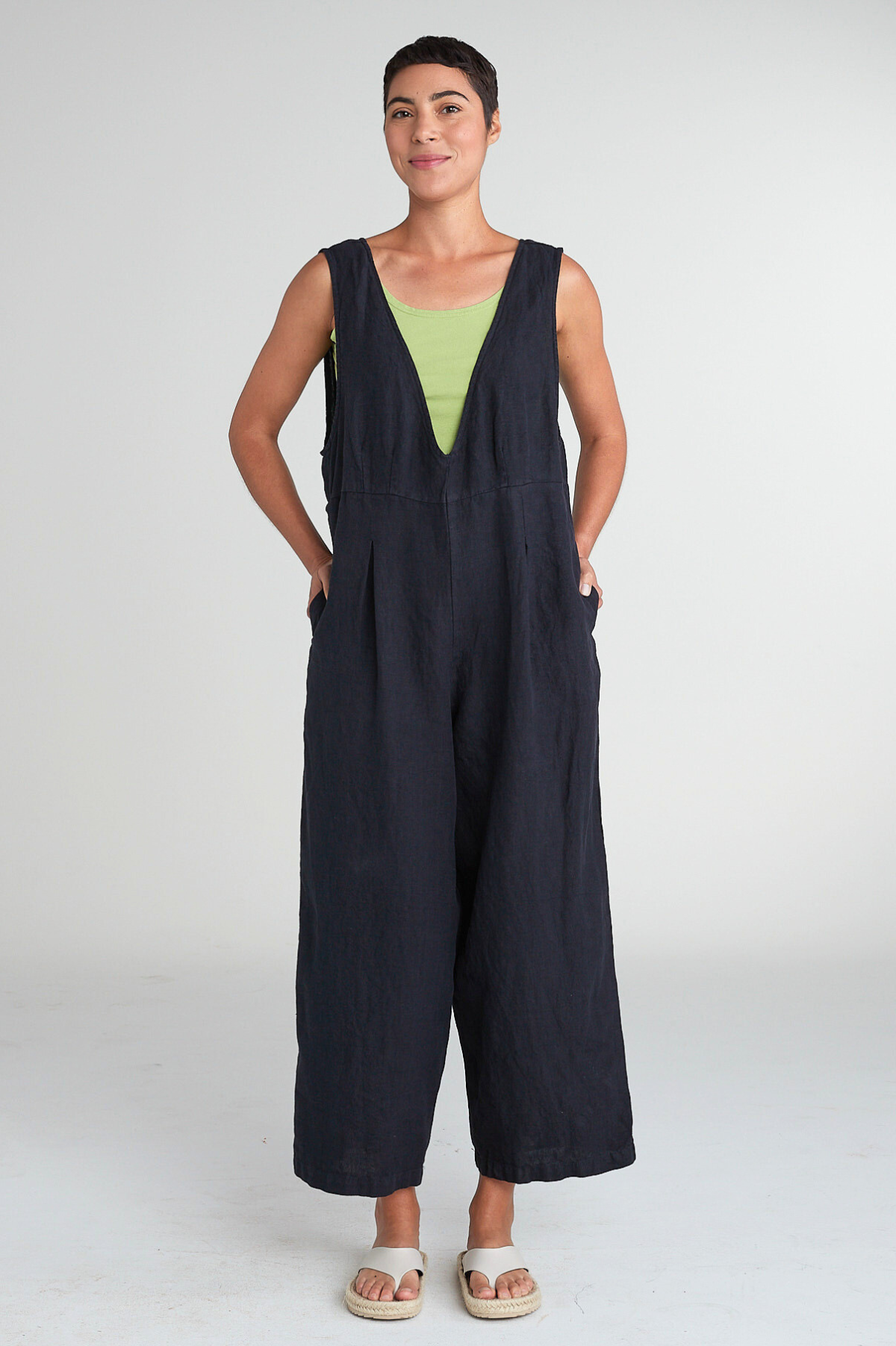 Cut Loose Solid Linen V-Neck Overalls Spring 2025- Special Order