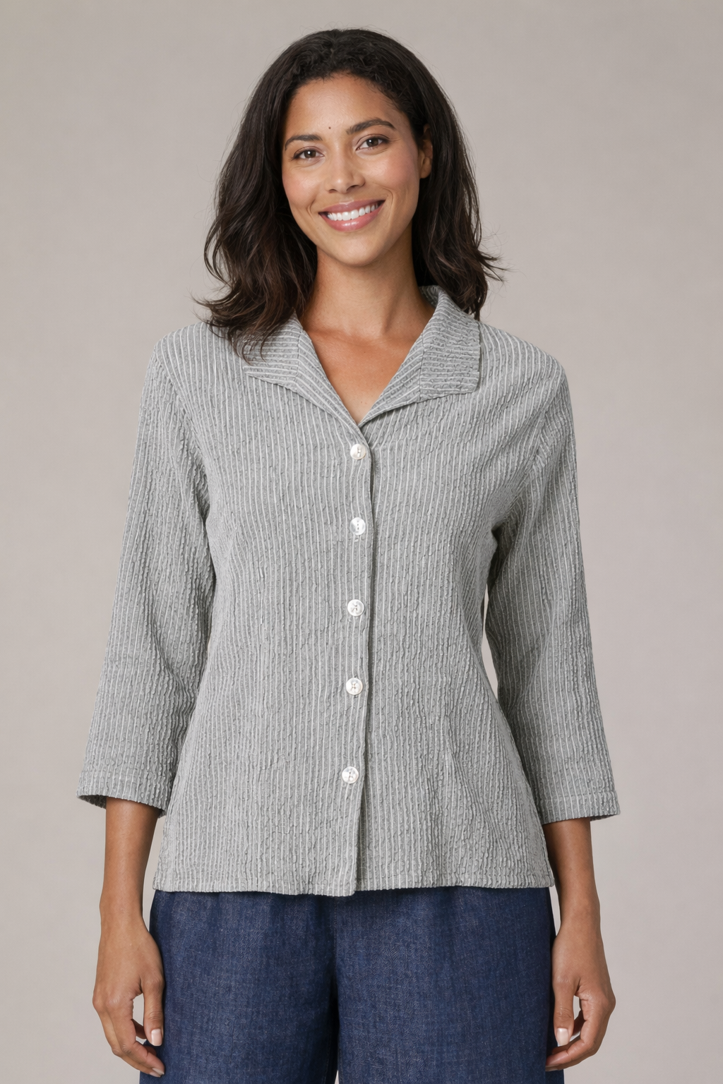 Cut Loose Linen Grey Stripe Crinkle 3/4 Sleeve Shirt Spring 2026- Special Order - thread to cloth