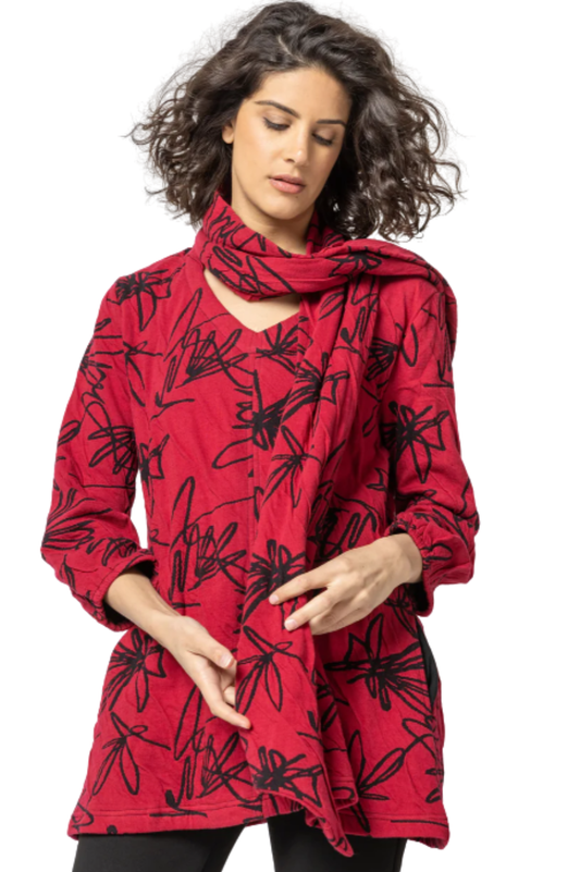 Komil Scribble Weave Tunic w/ Scarf- Cherry