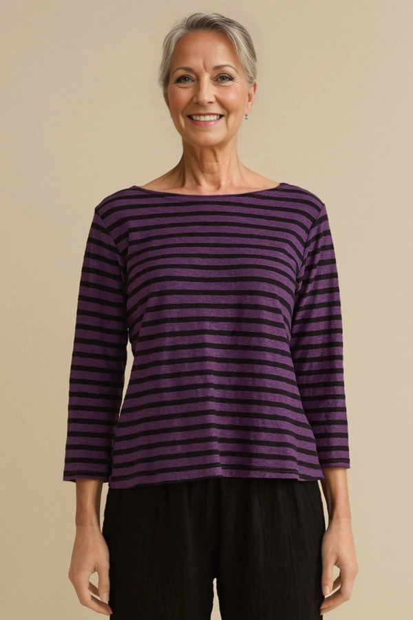 Cut Loose Linen Cotton Jersey Black/Natural Stripe Boatneck Top Fall 2024- Special Order