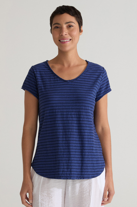 Cut Loose Navy Stripe Raw Edge V-neck Top Summer 2025- Special Order