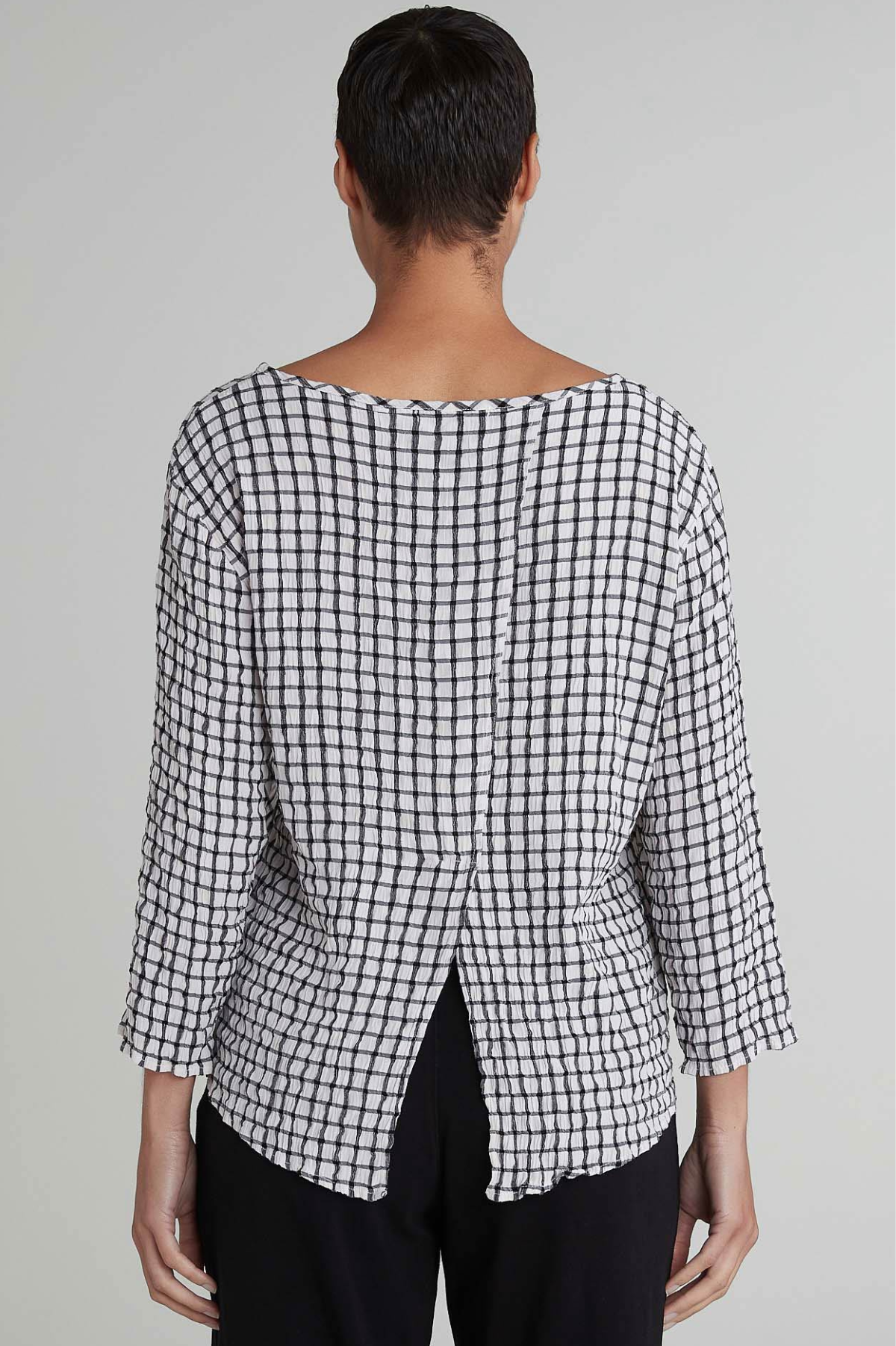 Cut Loose Crinkle Plaid Split Back Top Spring 2025- Special Order