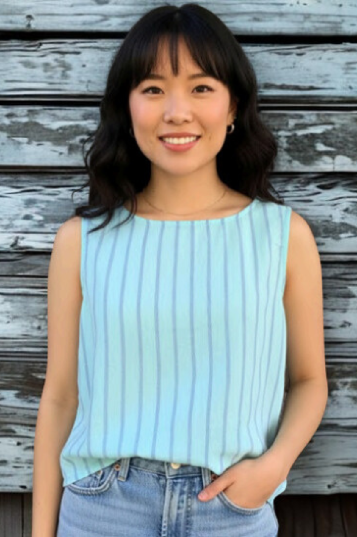 Cut Loose Blue Linen Stripe Side Button Shell Summer 