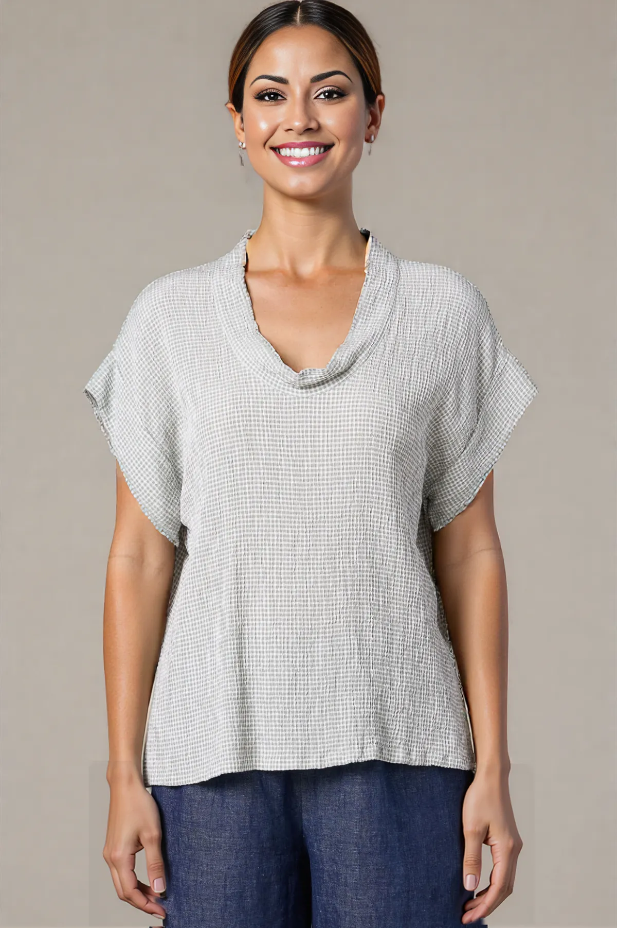 Cut Loose Crinkle Check Short Sleeve Cowl Top Spring