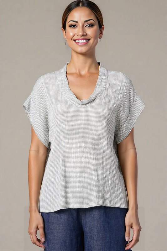 Cut Loose Crinkle Check Short Sleeve Cowl Top Spring