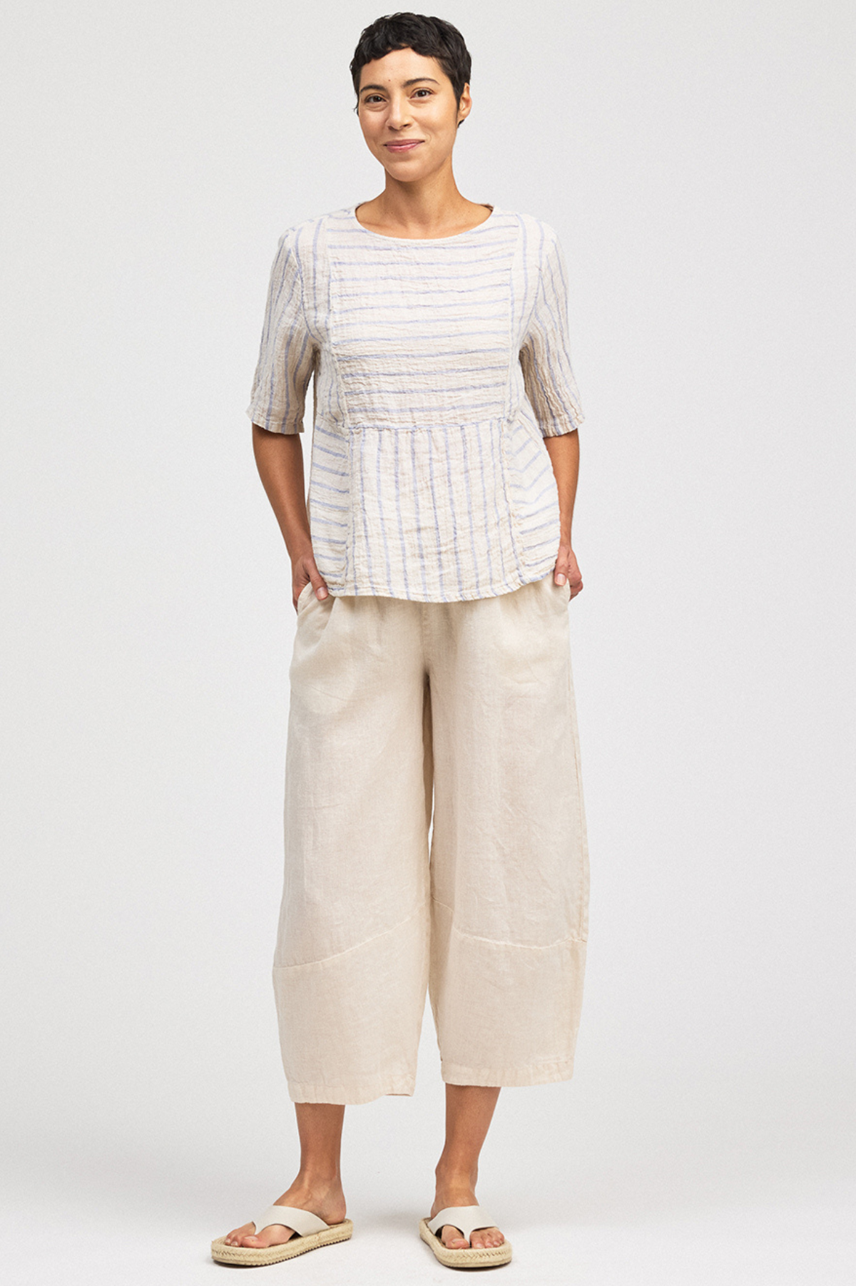 Cut Loose Blue Linen Stripe Seamed Boxy Top Summer