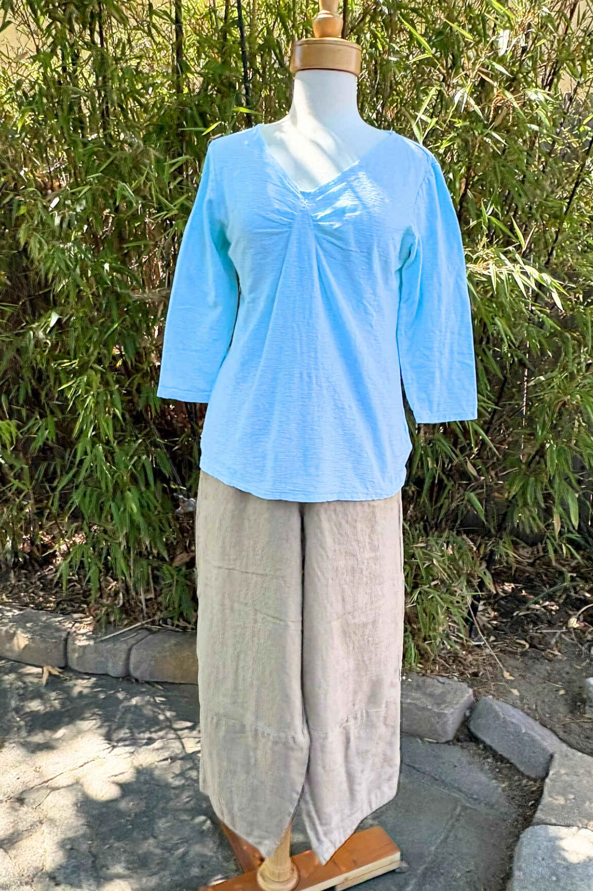Cut Loose Linen Cotton Jersey 3/4 Sleeve Tuck Front Tee-Fountain