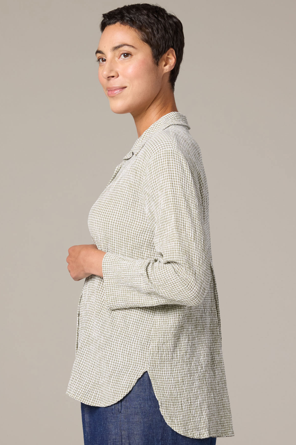 Cut Loose Crinkle Check Crop Easy Shirt 