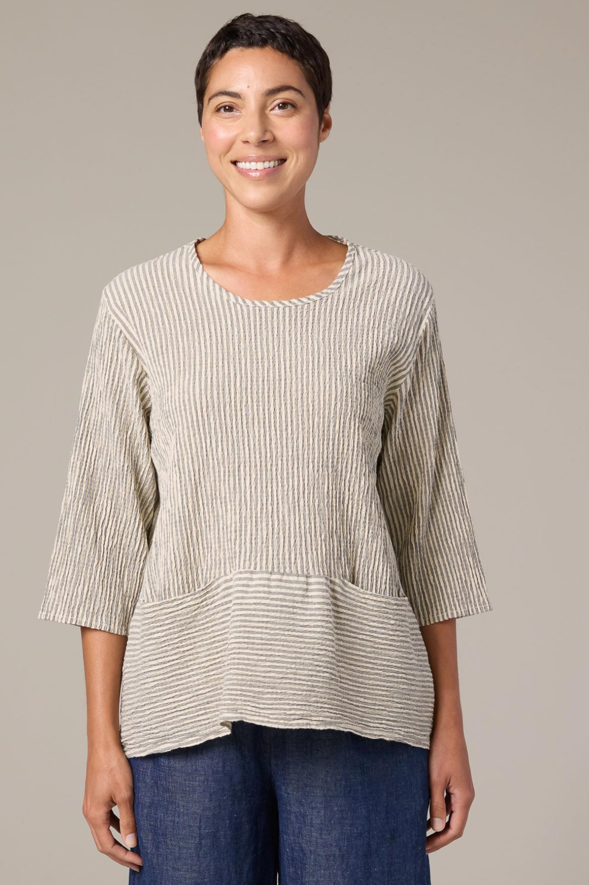 Cut Loose Linen Grey Stripe Crinkle Pocket Pullover Spring 