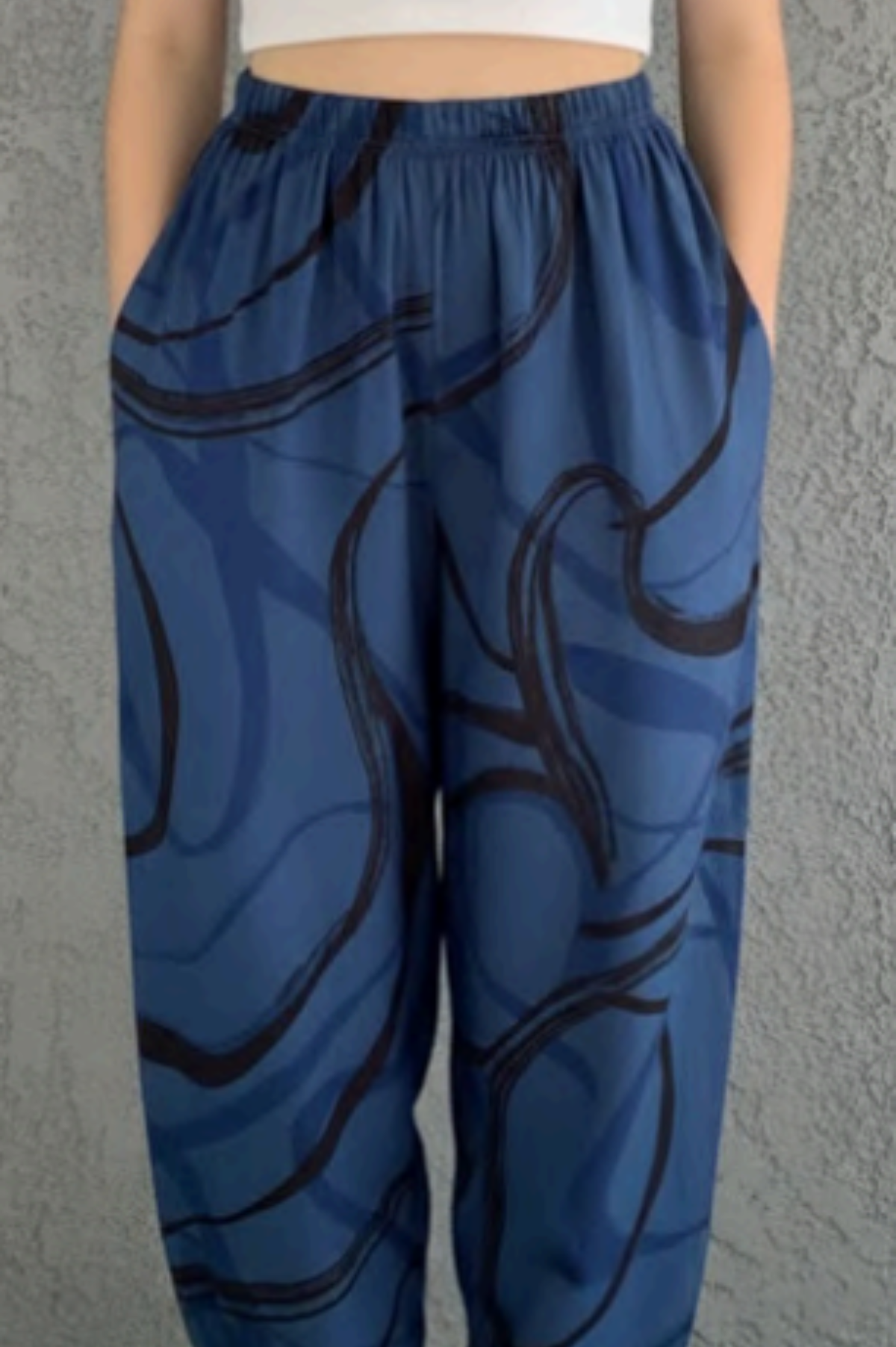 Cut Loose Rayon Parachute Black/Blue Swirl Cropped Pants w/Darts Summer 2026- Special Order