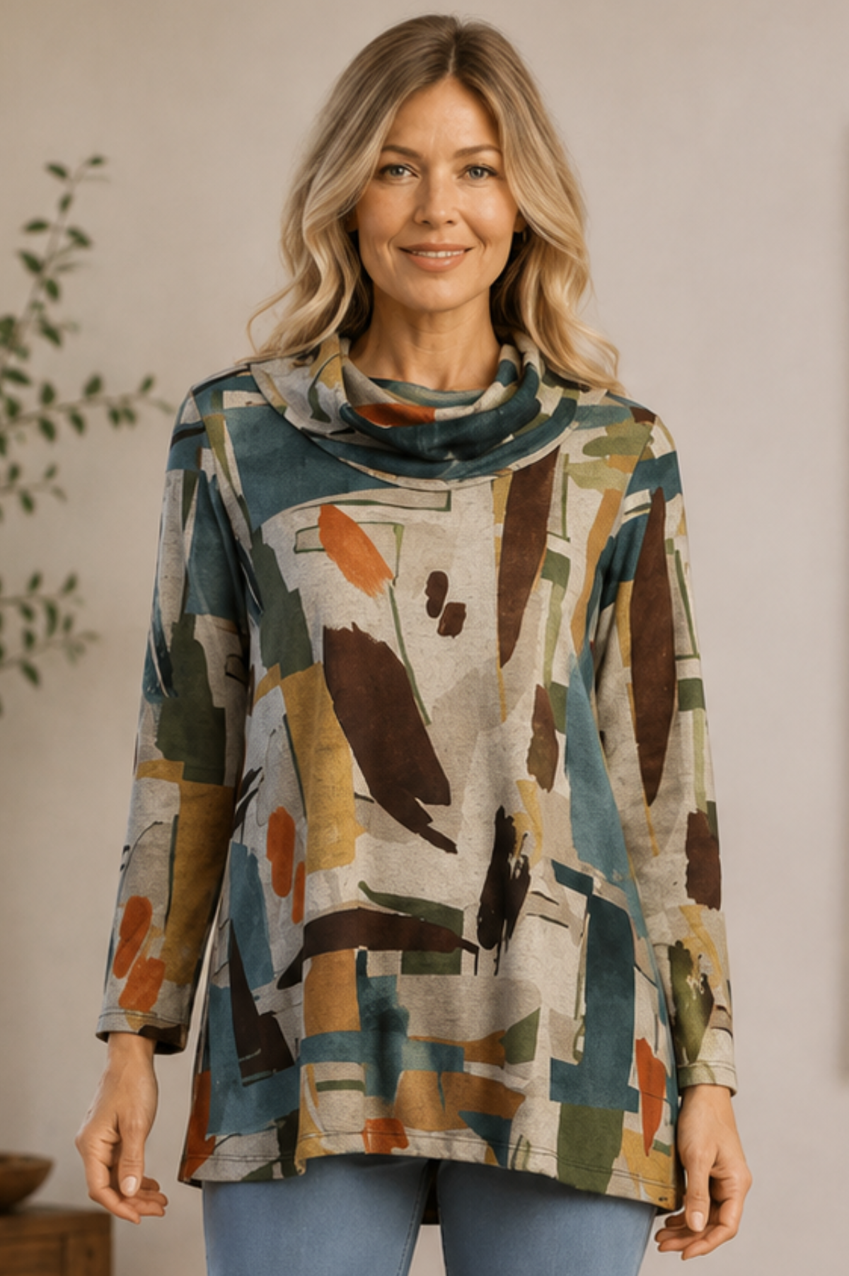 Jess & Jane French Brushed Knit Cowl Neck-Expression Print