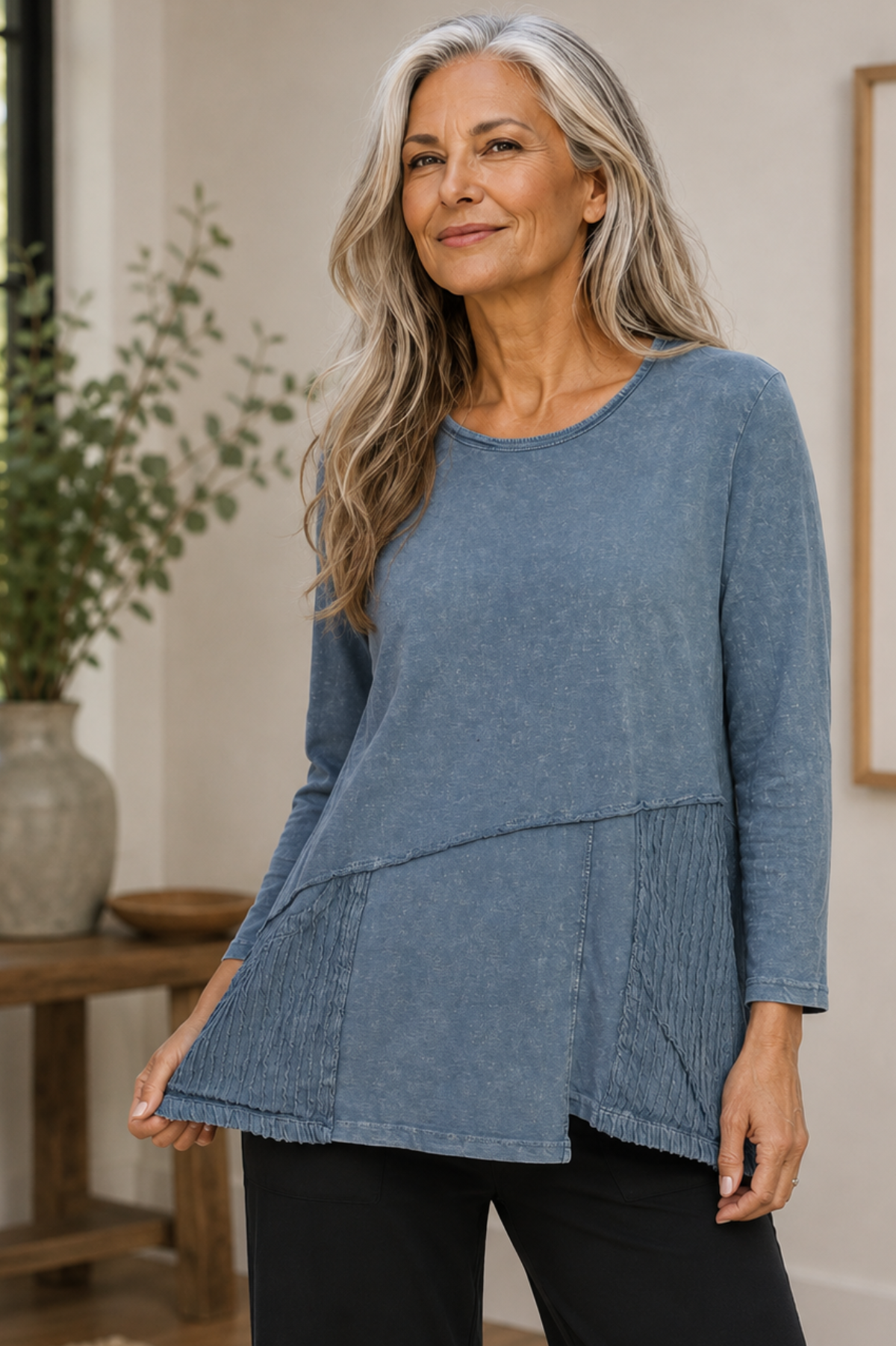 Jess & Jane Mineral Washed Cotton Tunic Wavy Patch Pockets-Vintage Denim