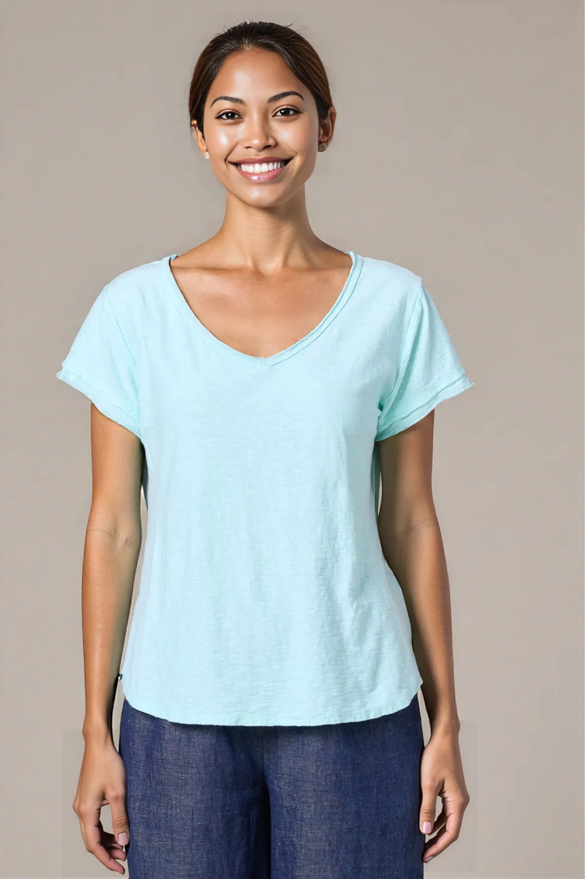 Linen Cotton Jersey Raw Edge V-Neck Top by cut loose