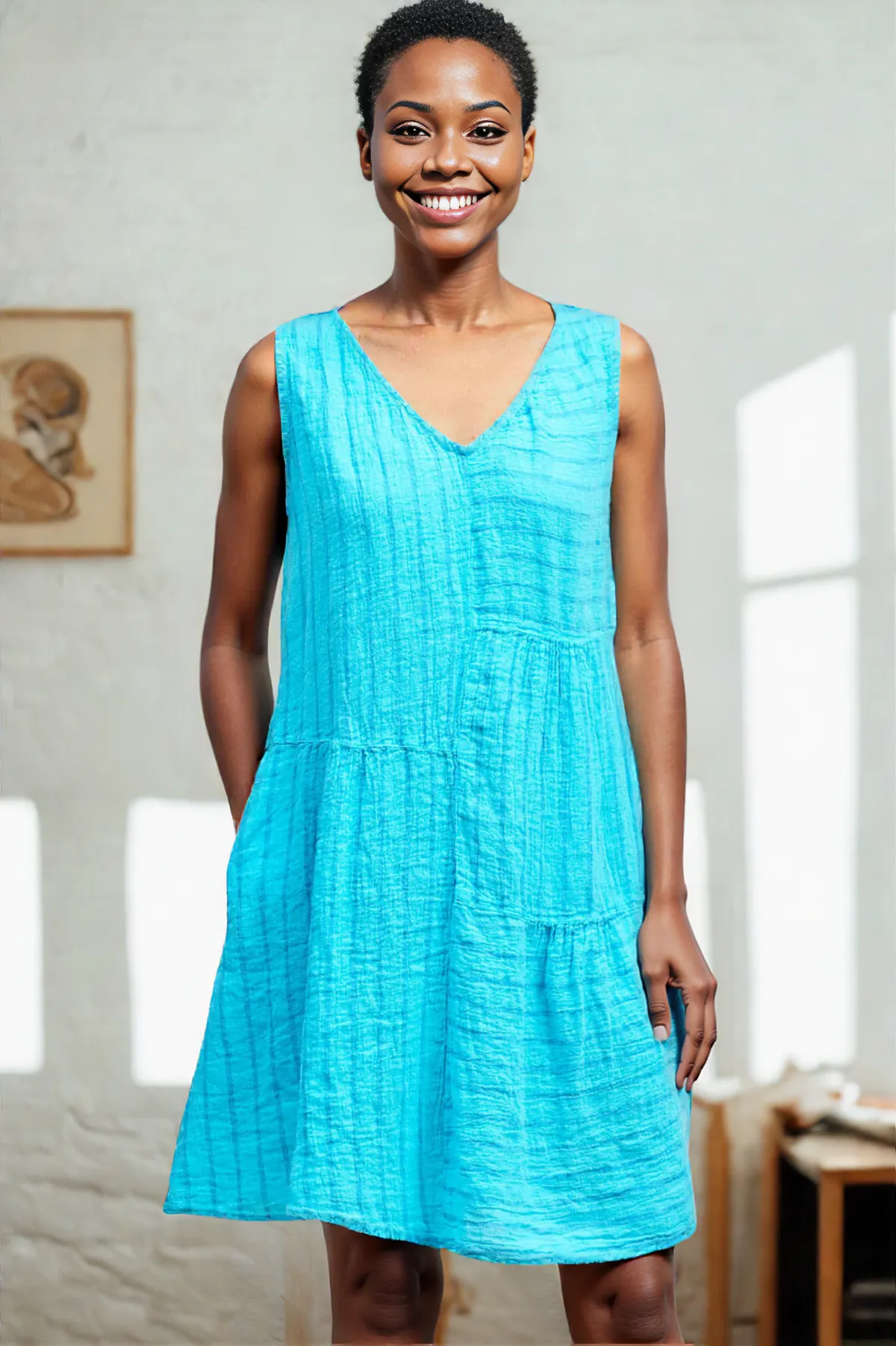 Cut Loose Blue Linen Stripe Easy Patch Dress Summer 2026- Special Order