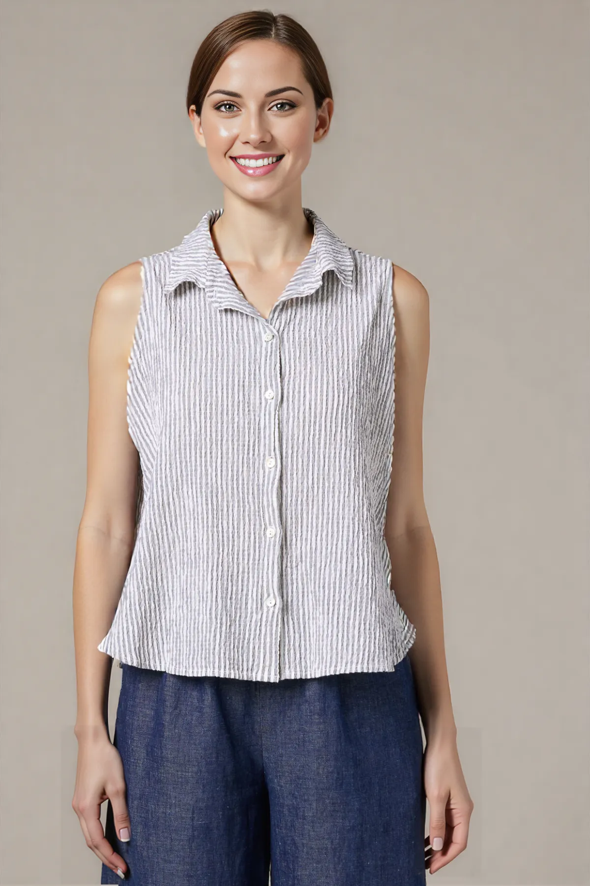 Cut Loose Linen Grey Stripe Crinkle Sleeveless Shirt for Spring