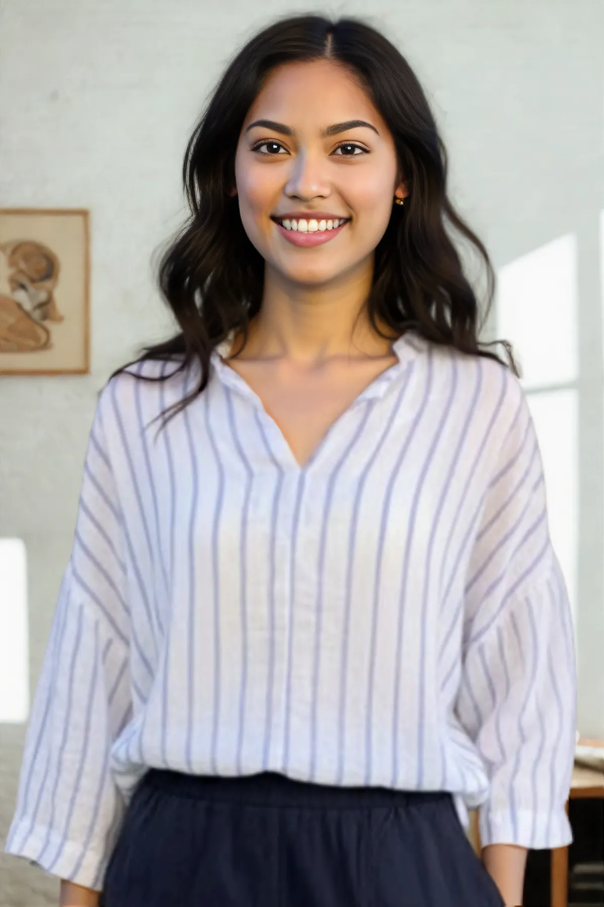 Cut Loose Blue Linen Stripe Split Neck Pullover 